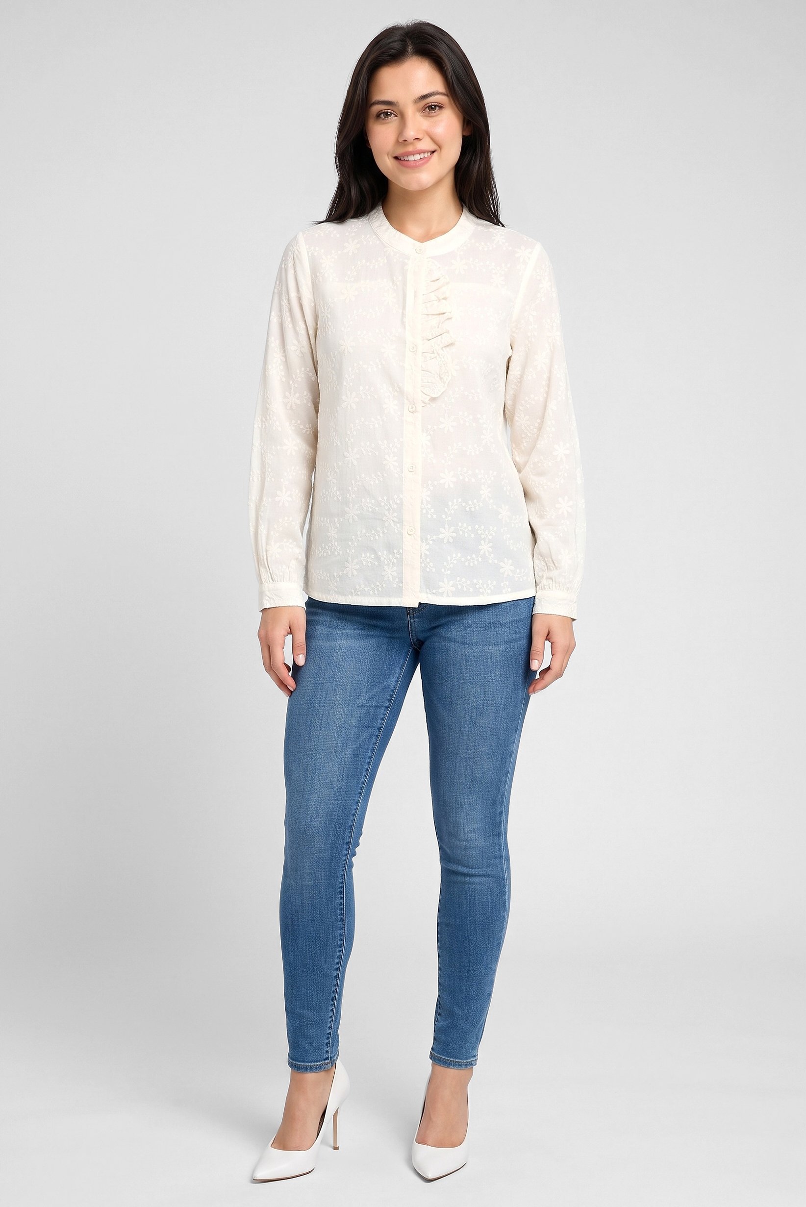 Women Crew Neck Embroidered Logo Long Sleeve Shirt, Cream