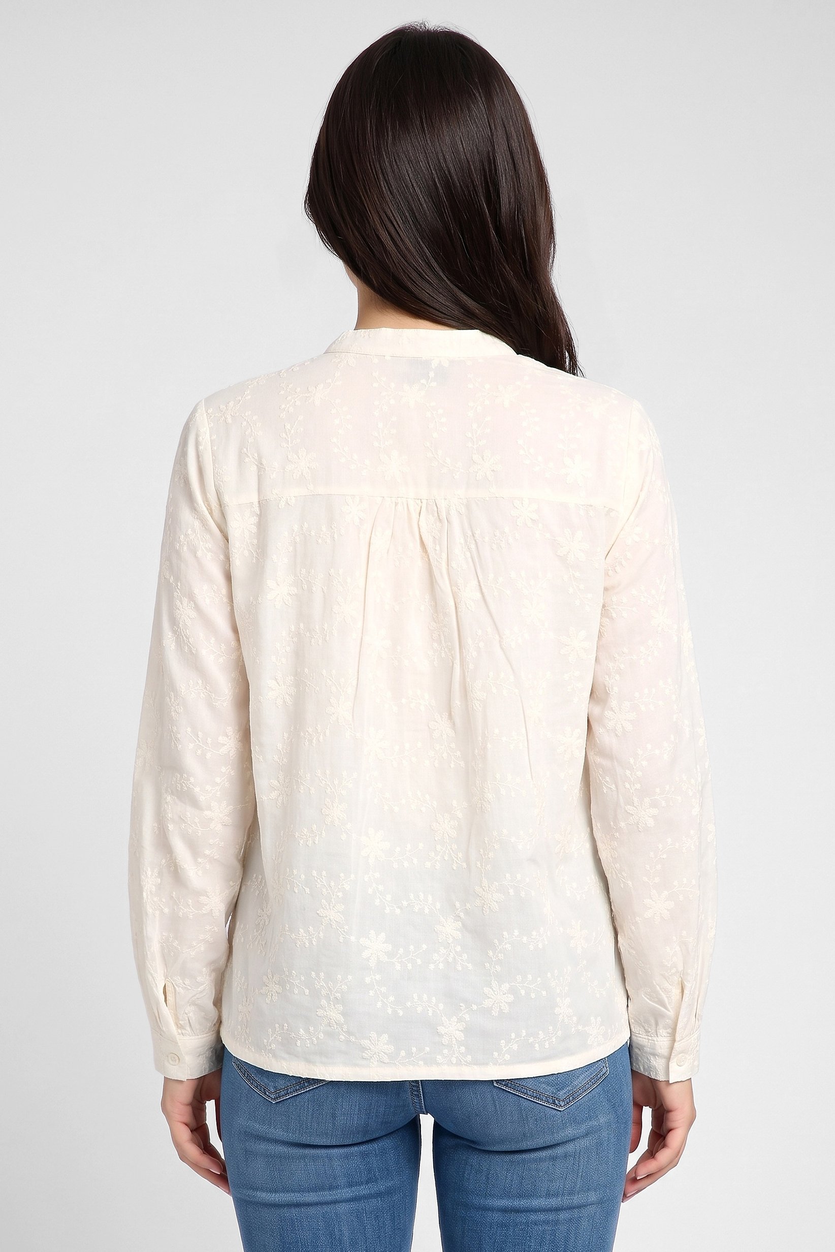 Women Crew Neck Embroidered Logo Long Sleeve Shirt, Cream