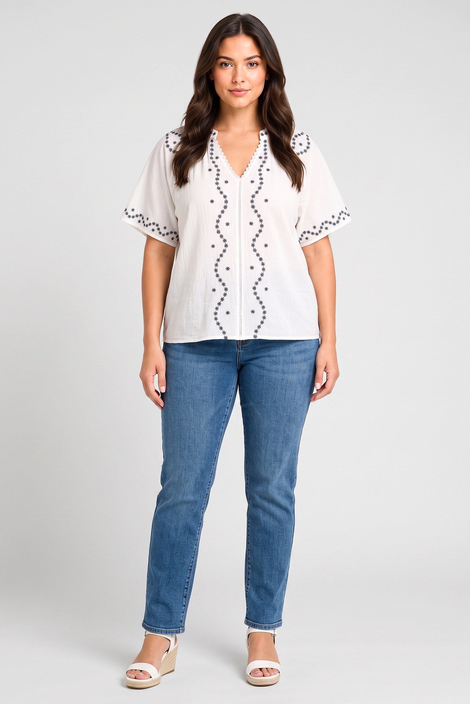 Women V-Neck Short Sleeve Embroidered Blouse, White