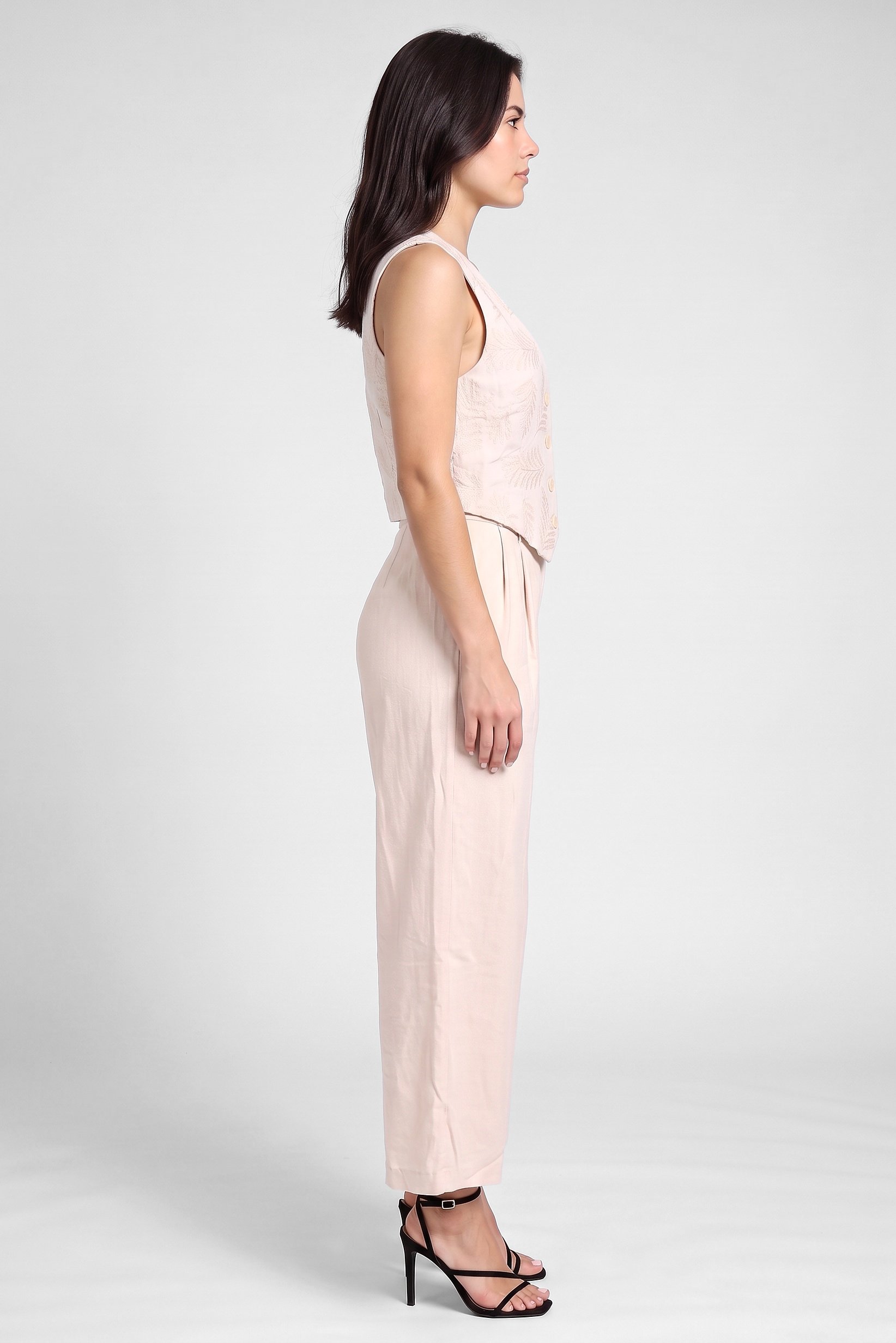 Women 2 Pcs Embroidered Sleeveless Waistcoat And Pant Set, Beige
