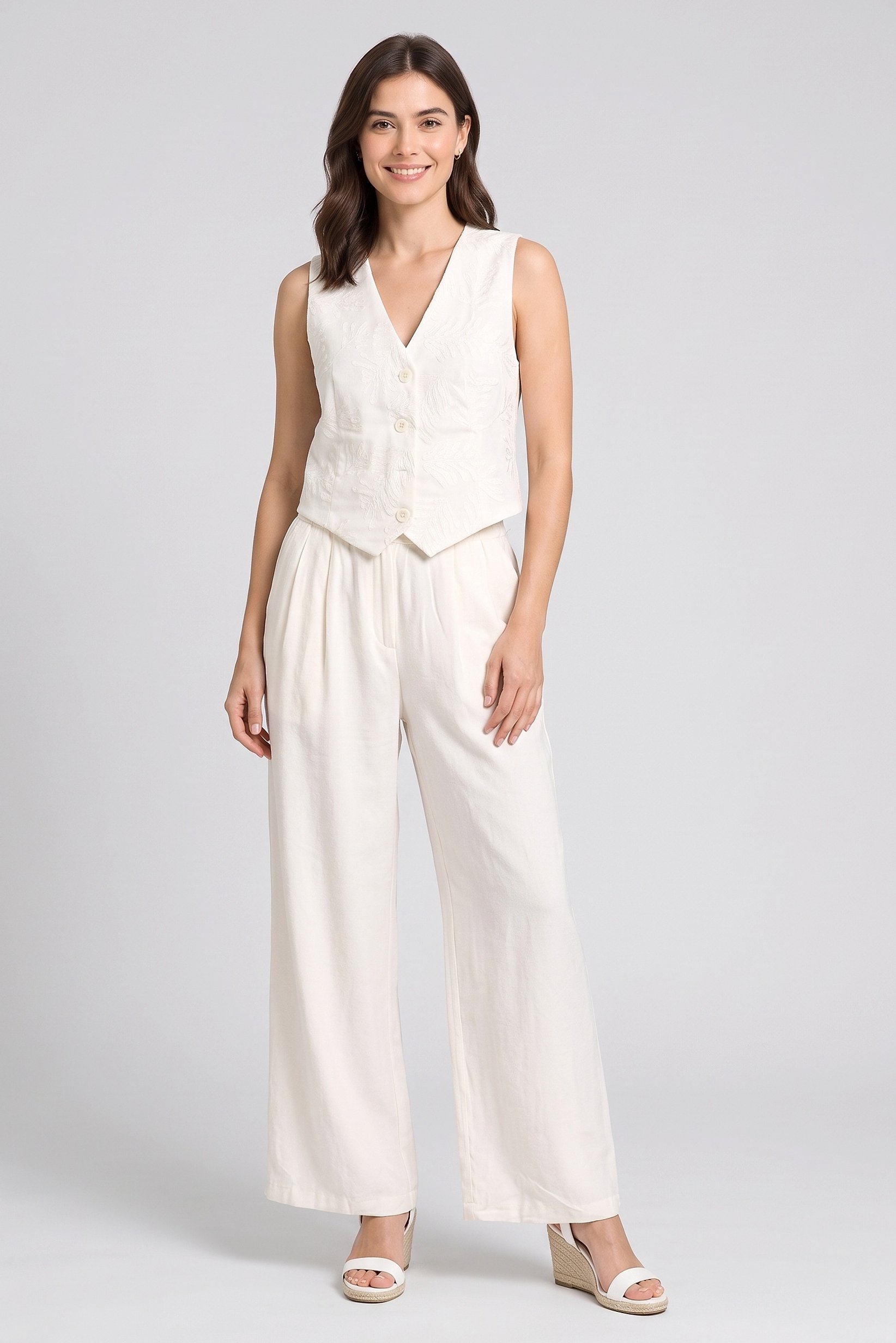 Women 2 Pcs Embroidered Sleeveless Waistcoat And Pant Set, Beige