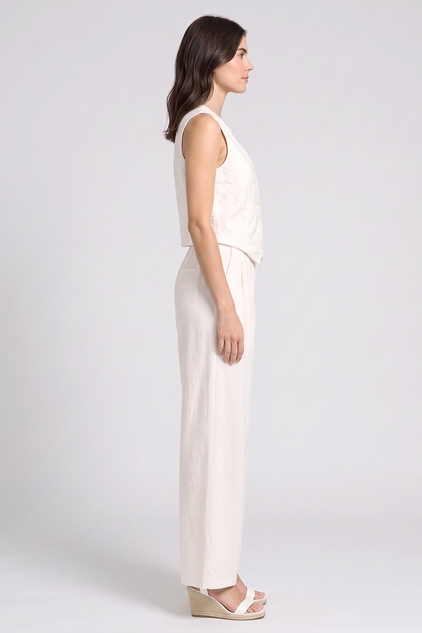 Women 2 Pcs Embroidered Sleeveless Waistcoat And Pant Set, Beige