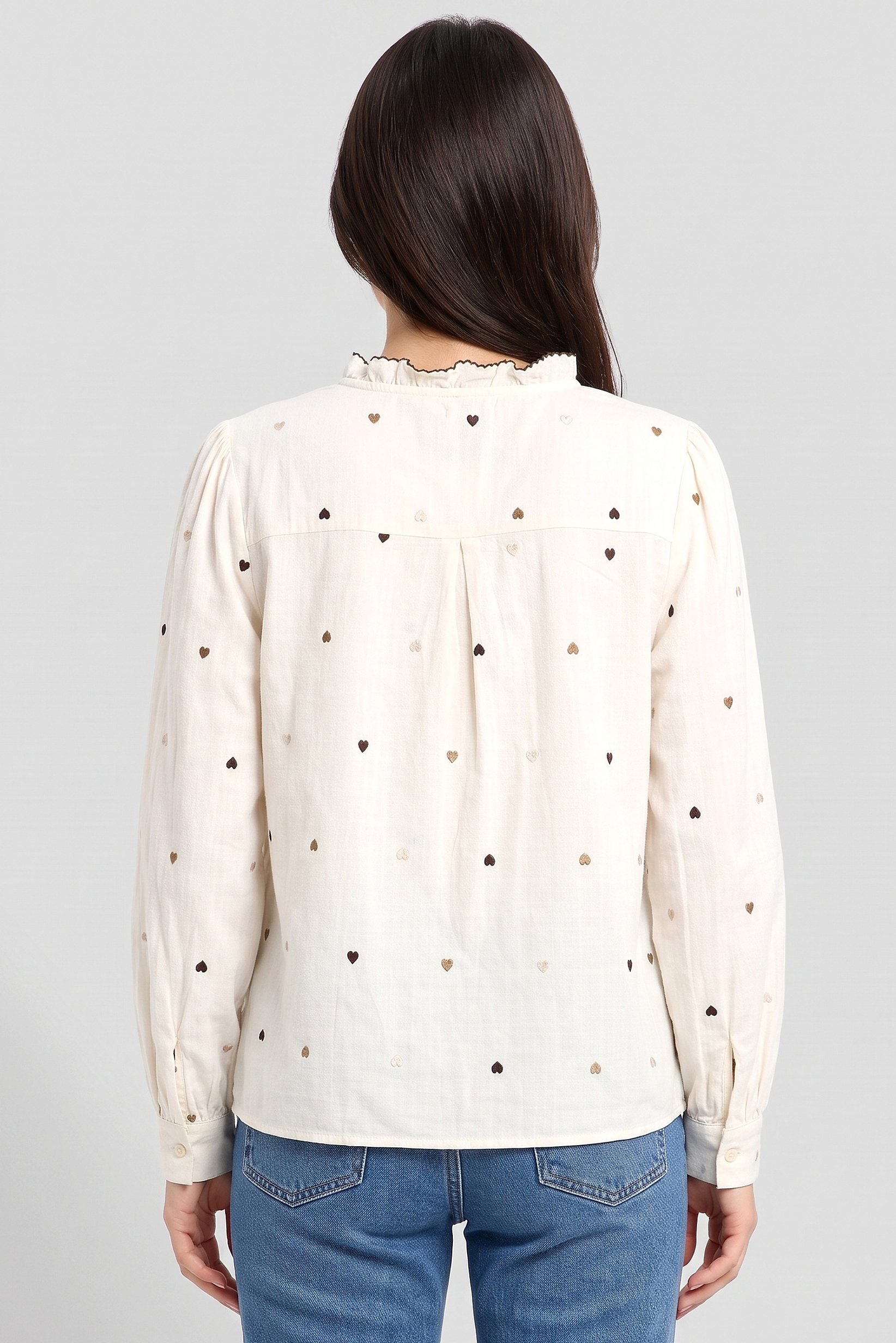 Women Ruffle Neck Long Sleeve Embroidered Shirt, Beige