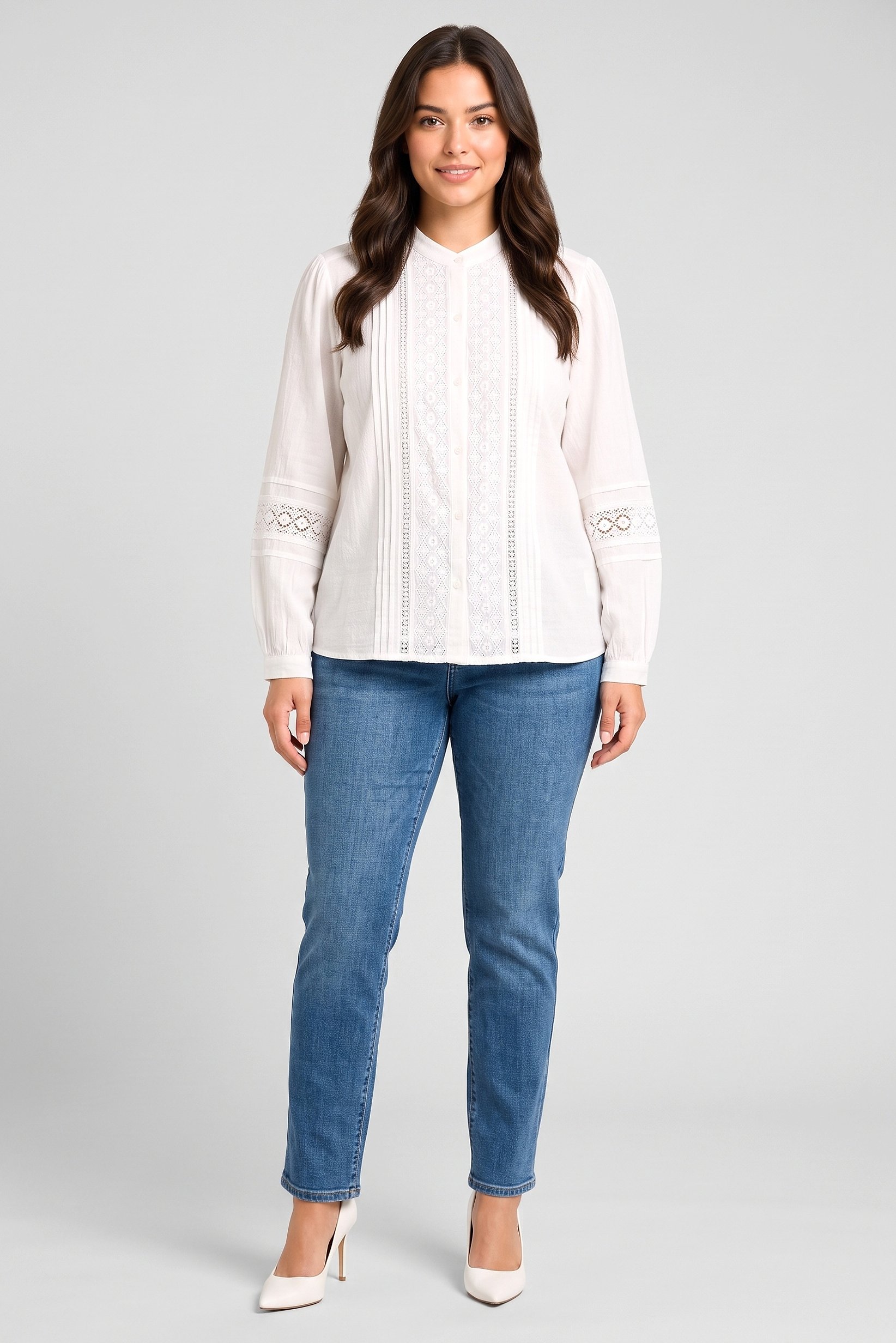 Women Crew Neck Embroidered Long Sleeve Shirt, White