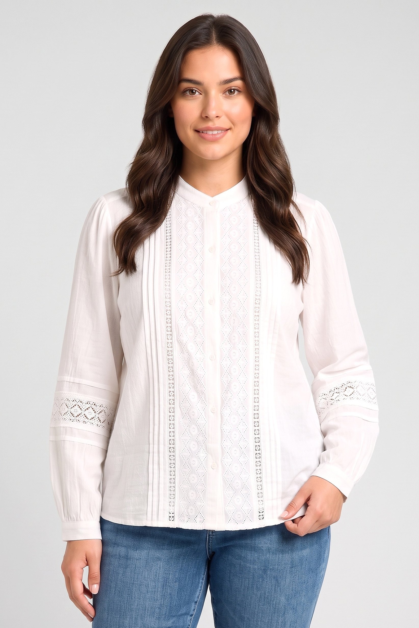 Women Crew Neck Embroidered Long Sleeve Shirt, White