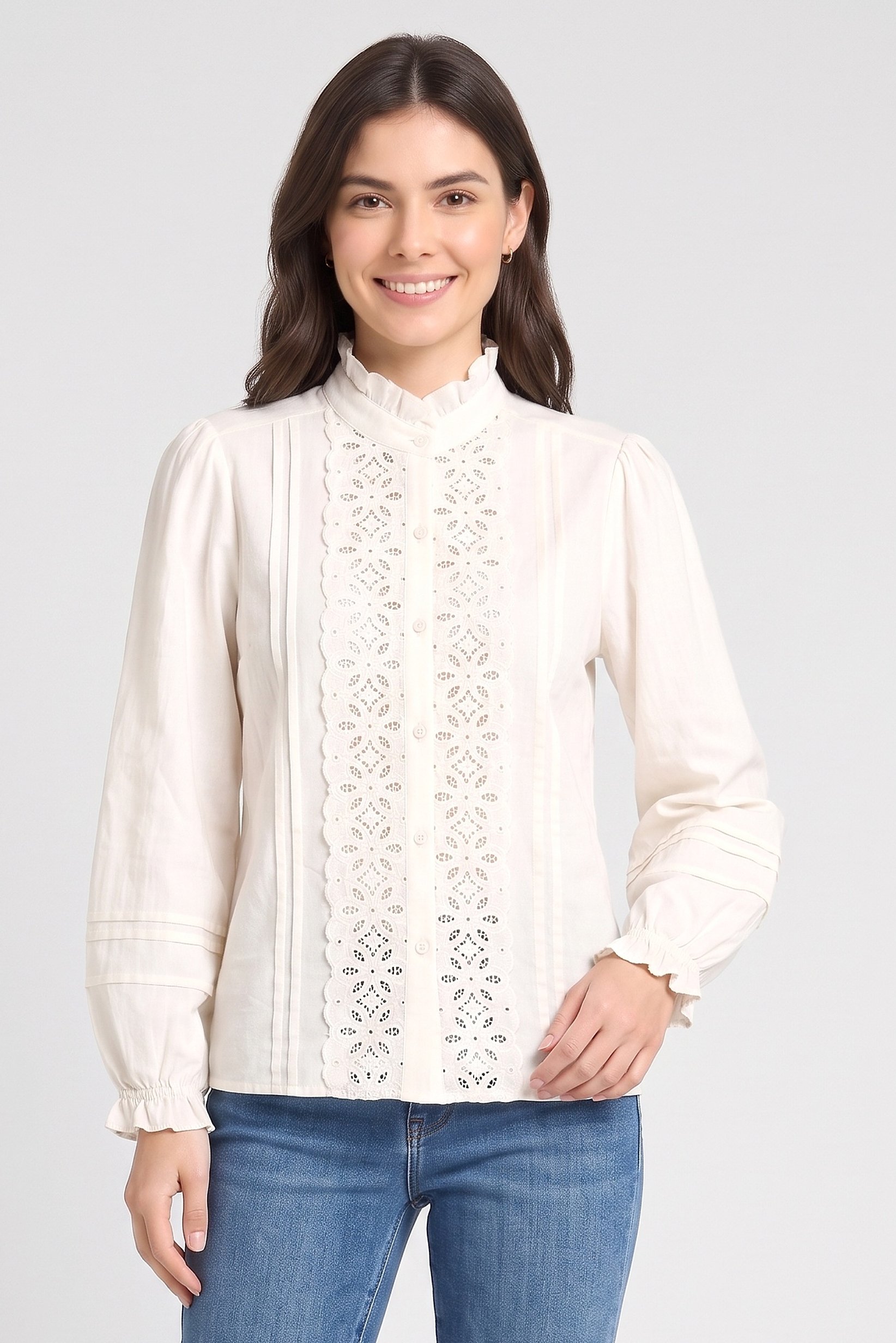Women Ruffle Collar Long Sleeves Embroidered Blouse, Off White