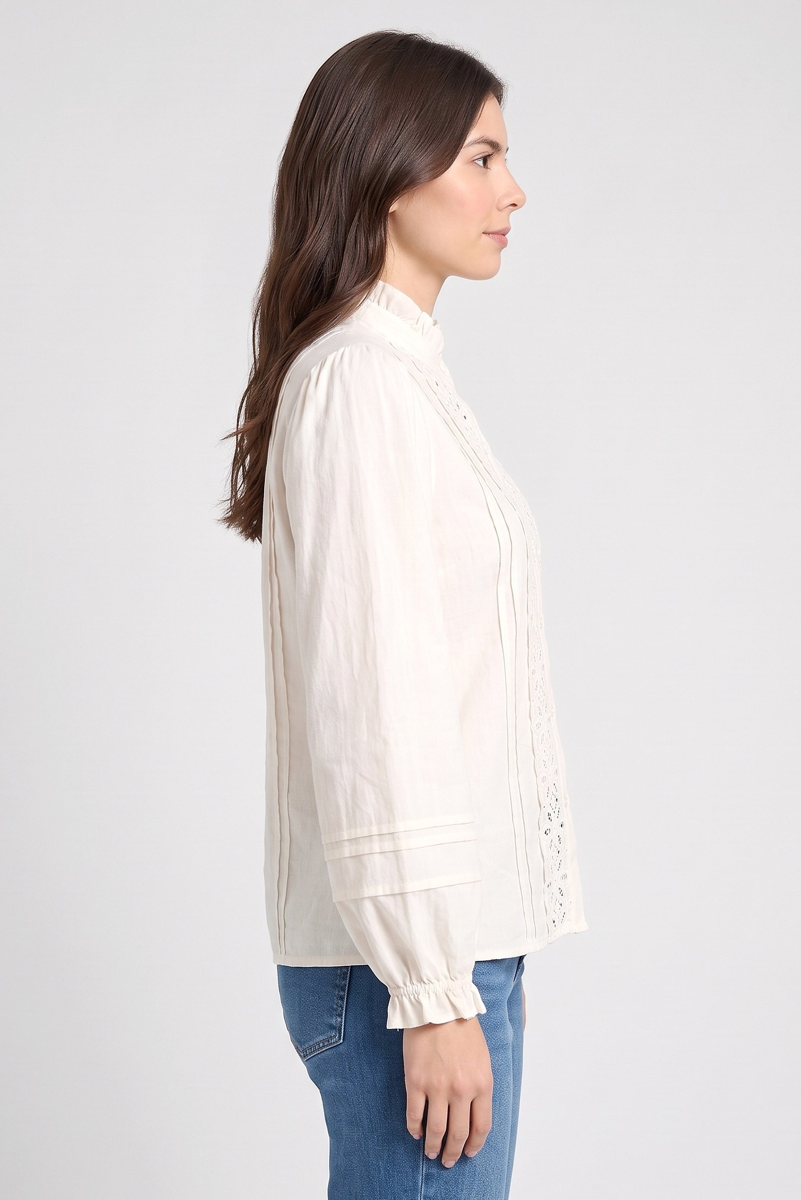 Women Ruffle Collar Long Sleeves Embroidered Blouse, Off White