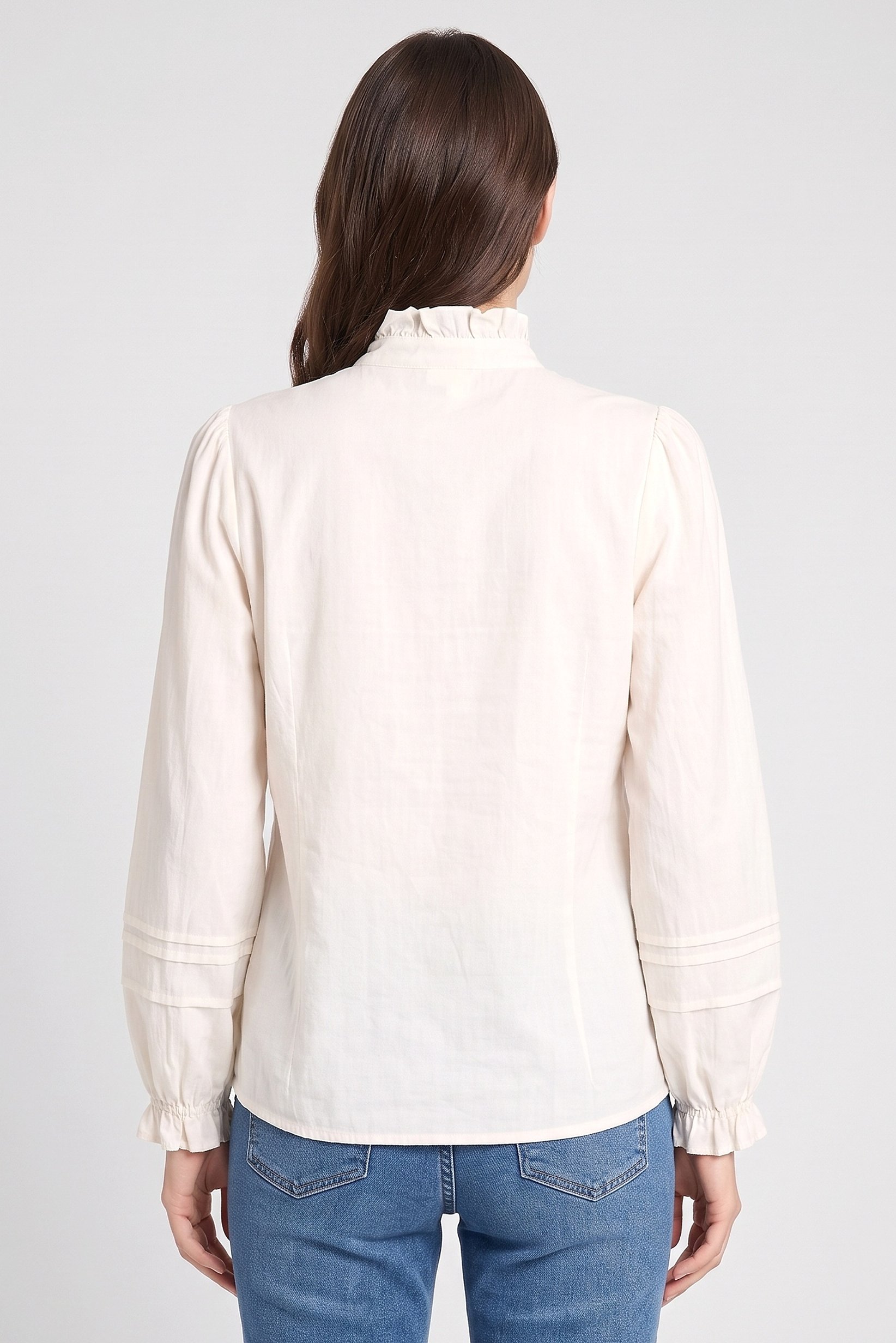 Women Ruffle Collar Long Sleeves Embroidered Blouse, Off White