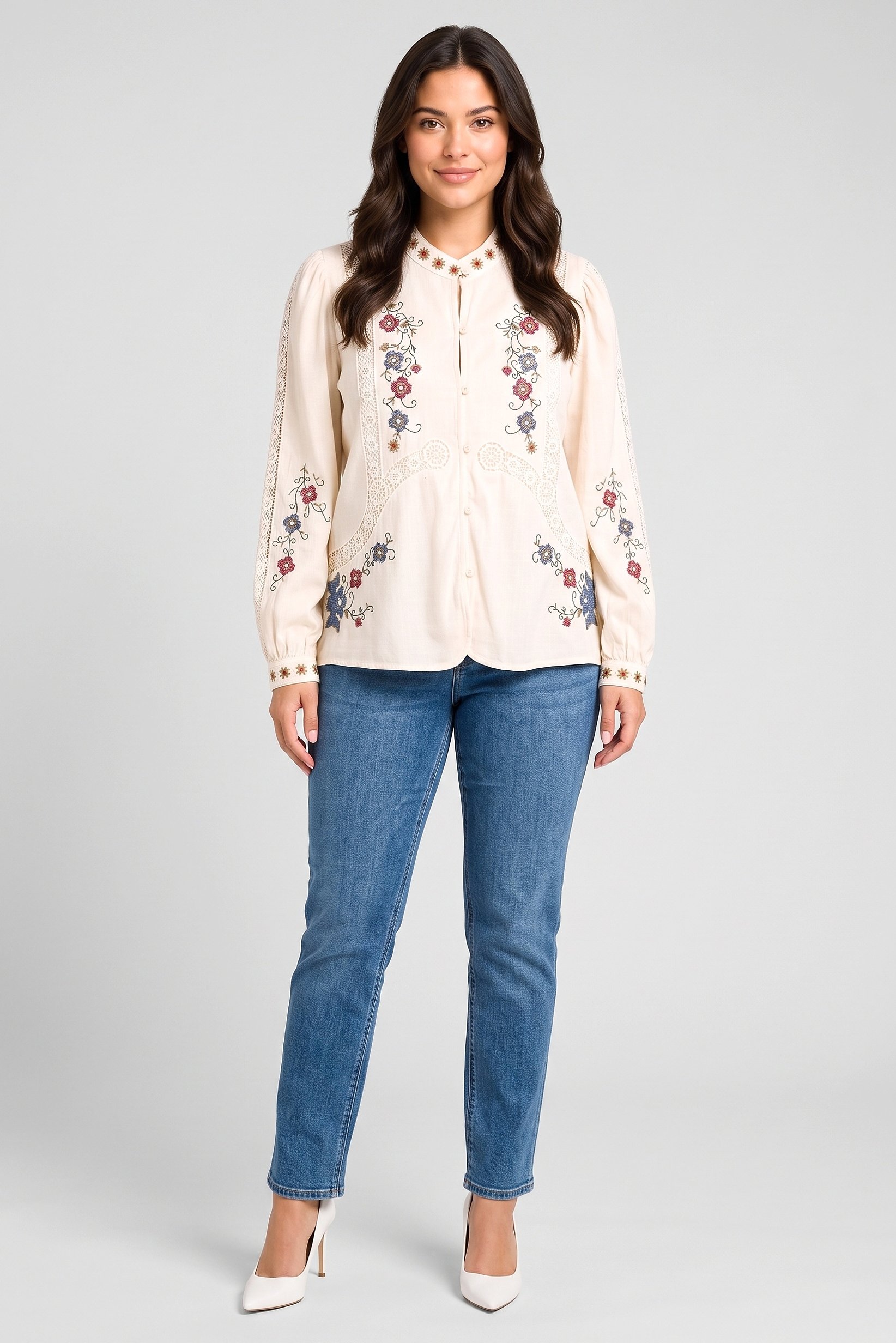 Women Mandarin Collar Long Sleeve Embroidered Blouse, Multicolor