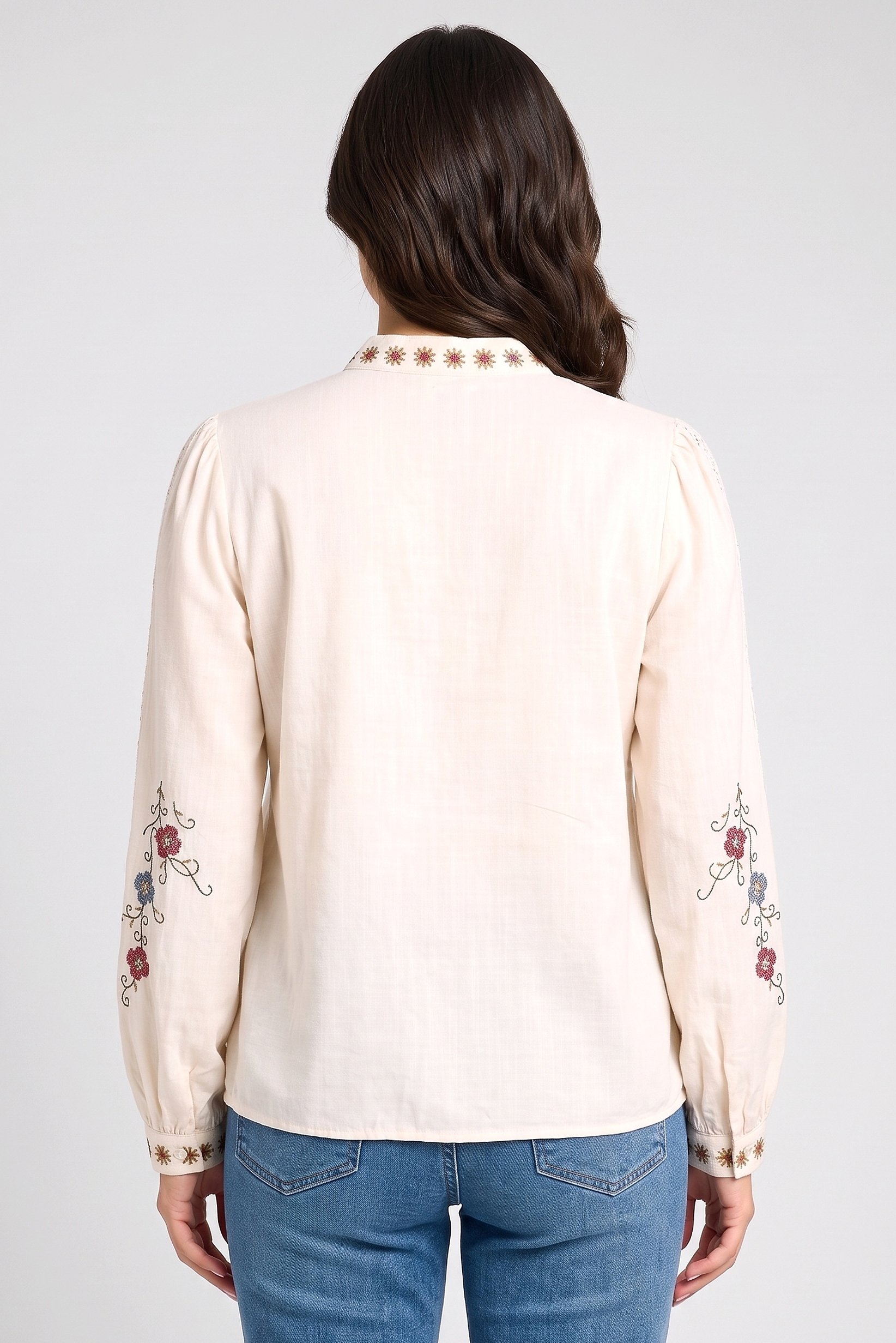 Women Mandarin Collar Long Sleeve Embroidered Blouse, Multicolor