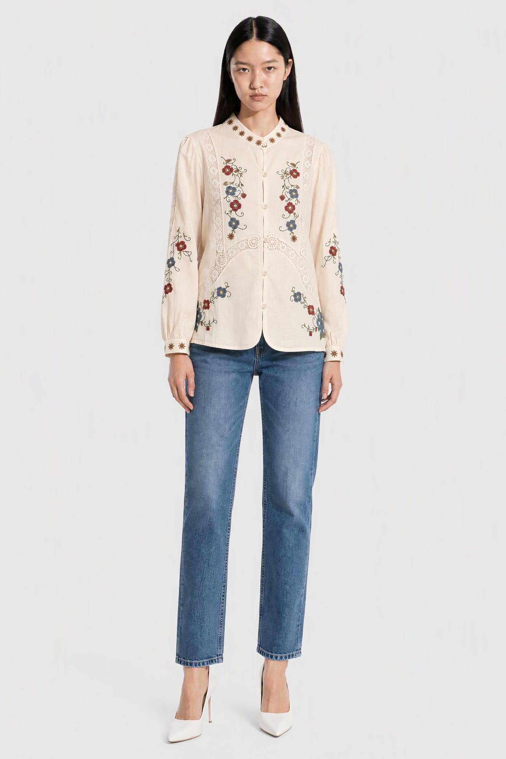 Women Mandarin Collar Long Sleeve Embroidered Blouse, Multicolor