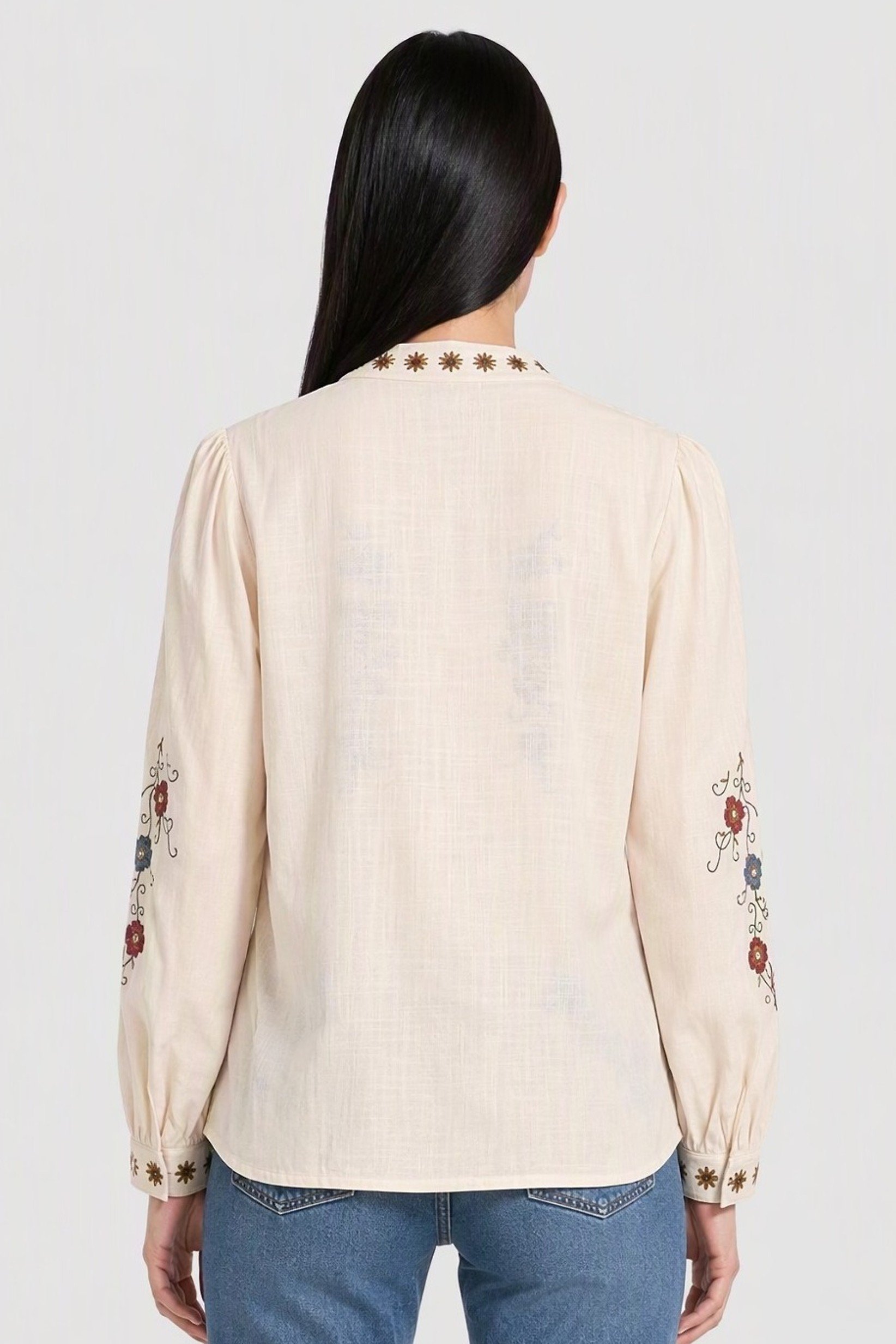 Women Mandarin Collar Long Sleeve Embroidered Blouse, Multicolor