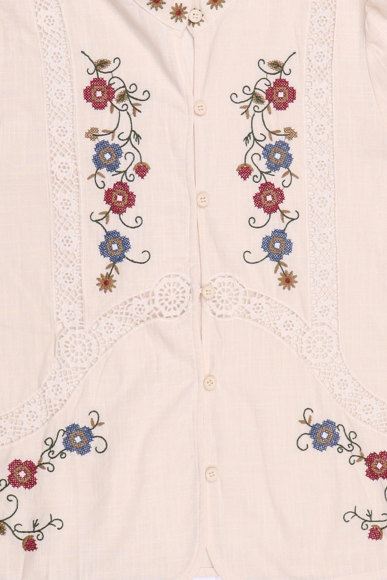 Women Mandarin Collar Long Sleeve Embroidered Blouse, Multicolor