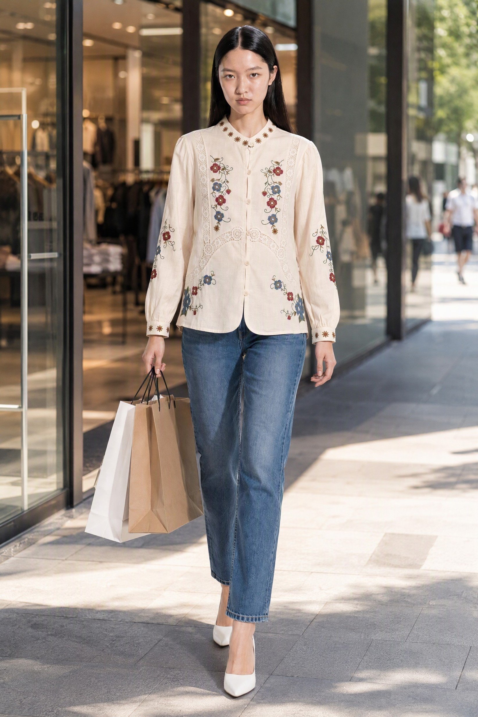 Women Mandarin Collar Long Sleeve Embroidered Blouse, Multicolor