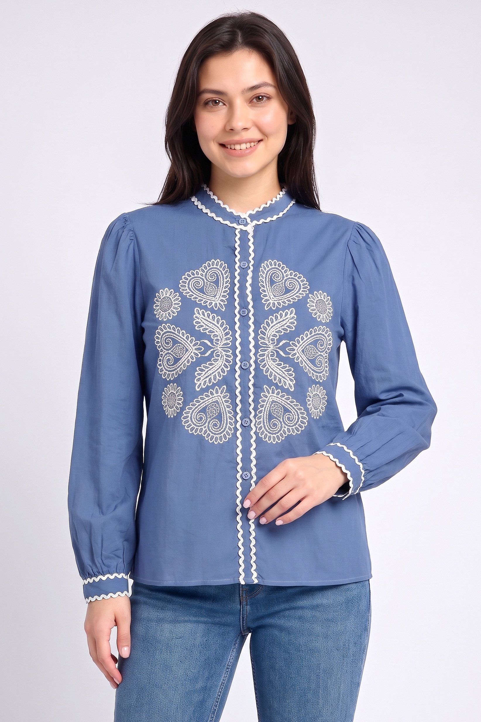 Women Crew Neck Embroidered Long Sleeve Shirt, Steel Blue