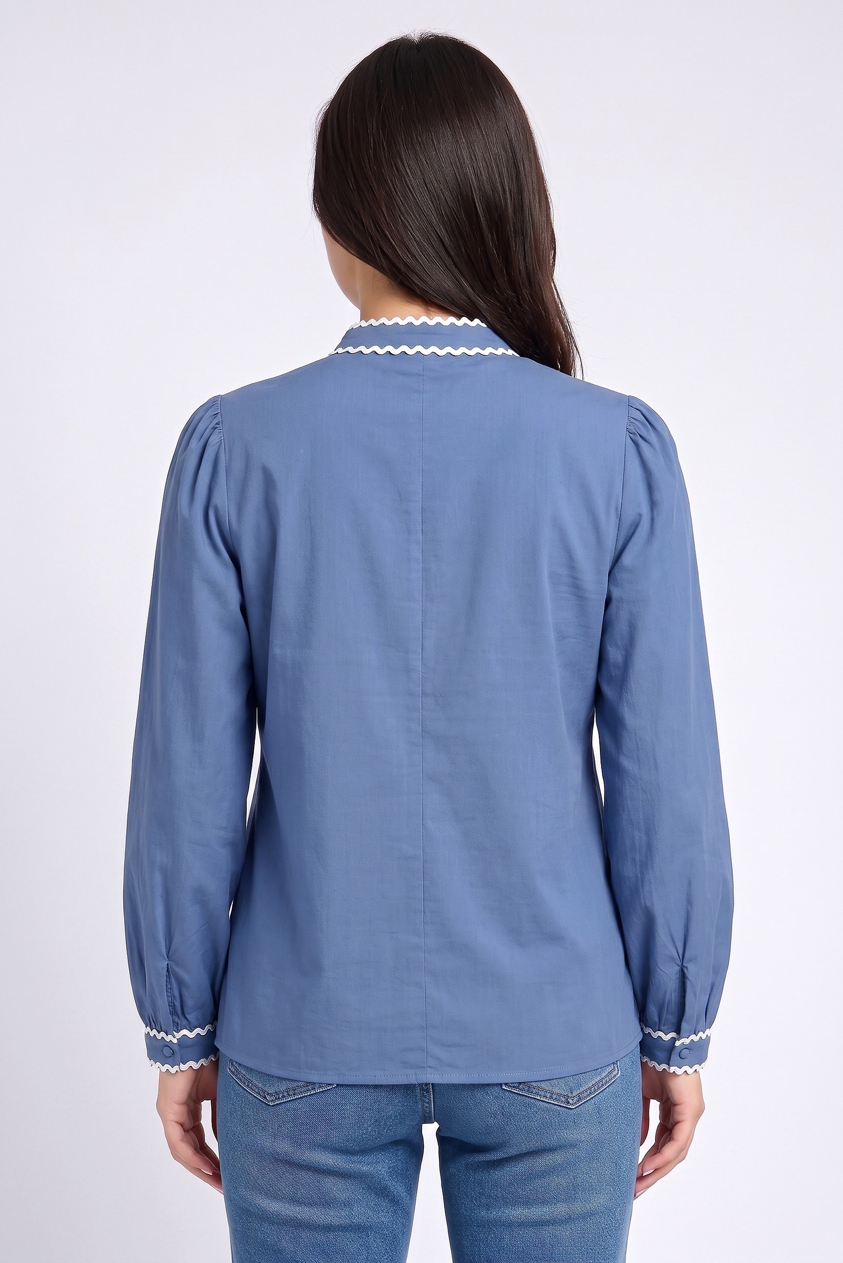 Women Crew Neck Embroidered Long Sleeve Shirt, Steel Blue