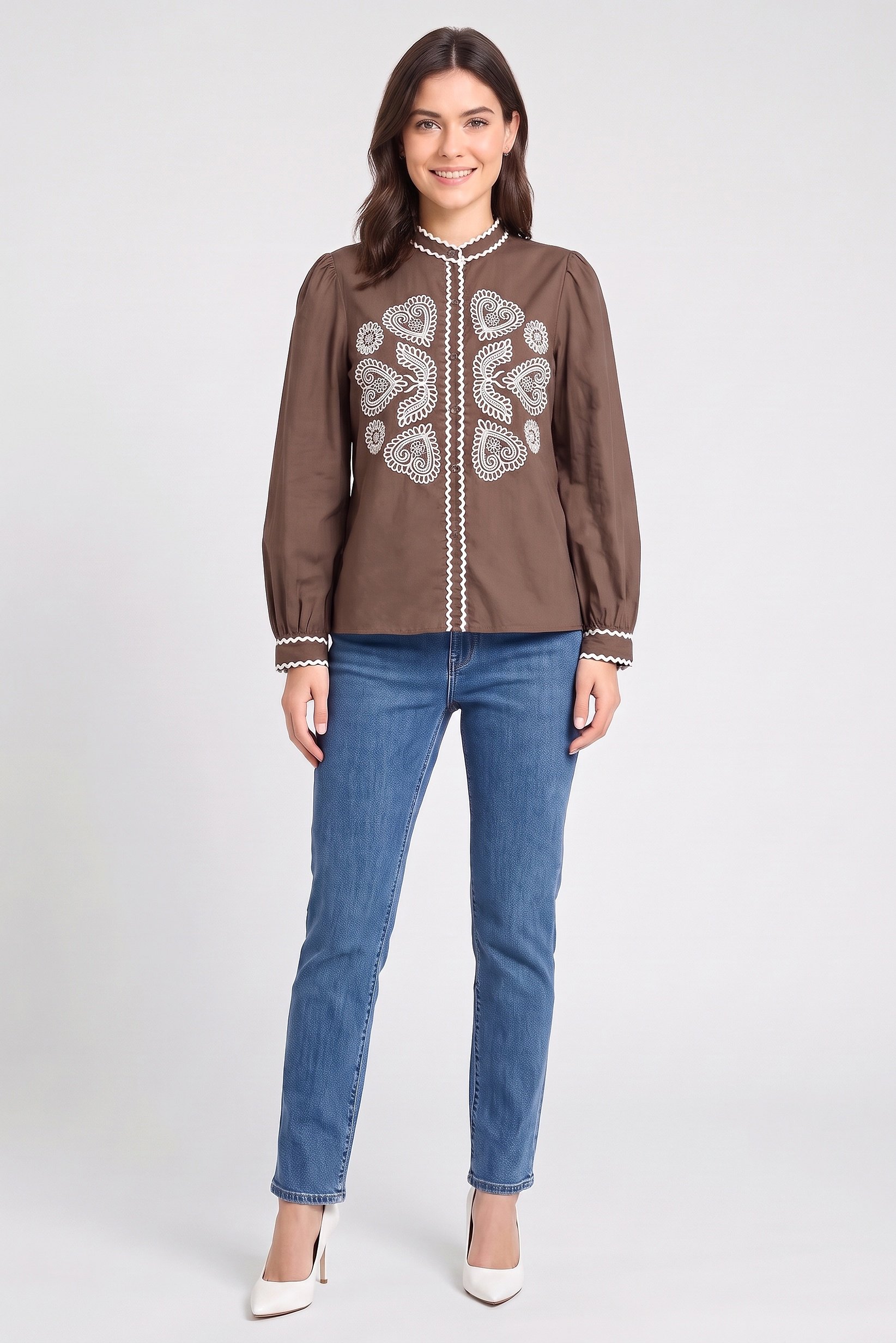 Women Mock Neck Long Sleeve Embroidered Shirt, Brown