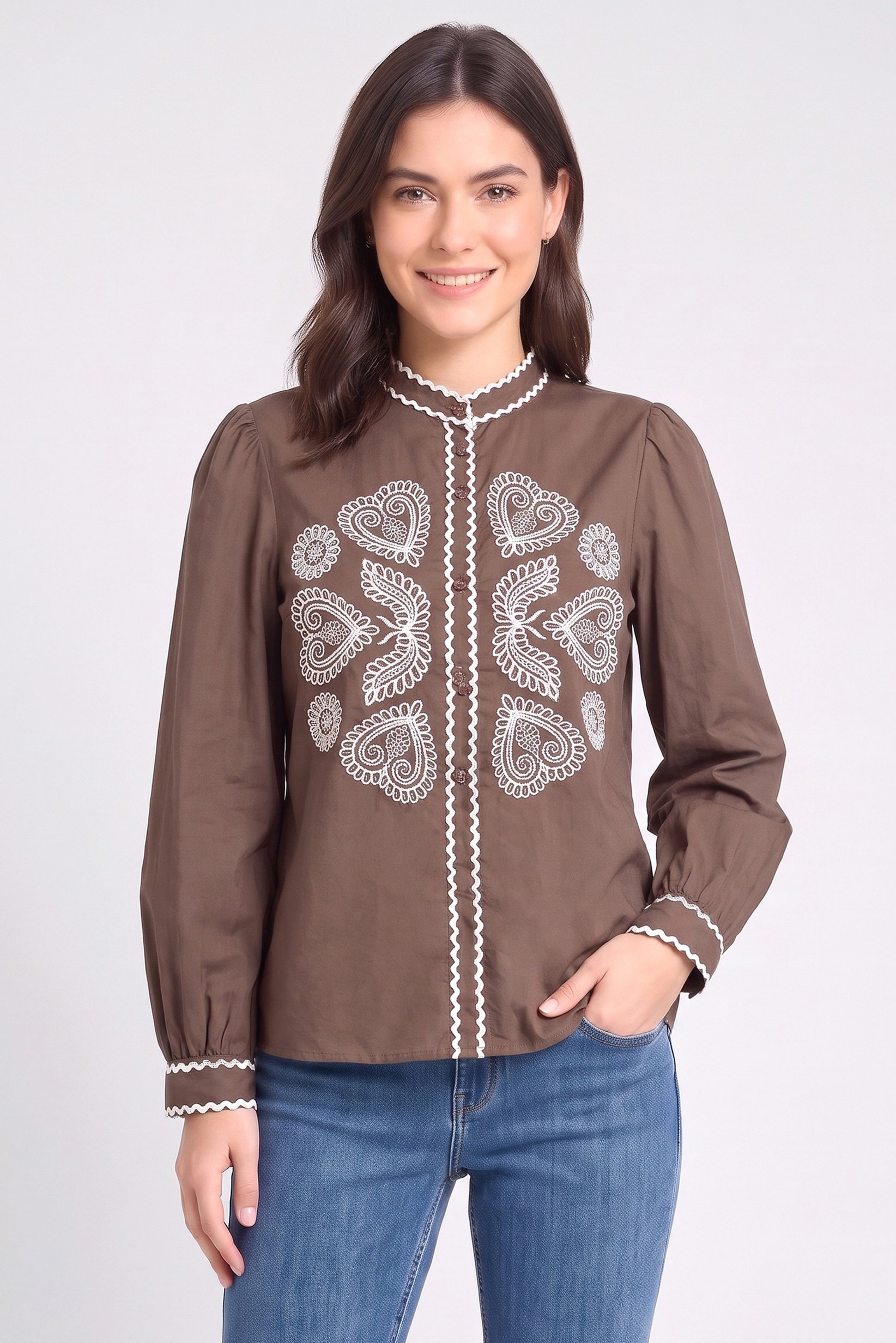 Women Mock Neck Long Sleeve Embroidered Shirt, Brown