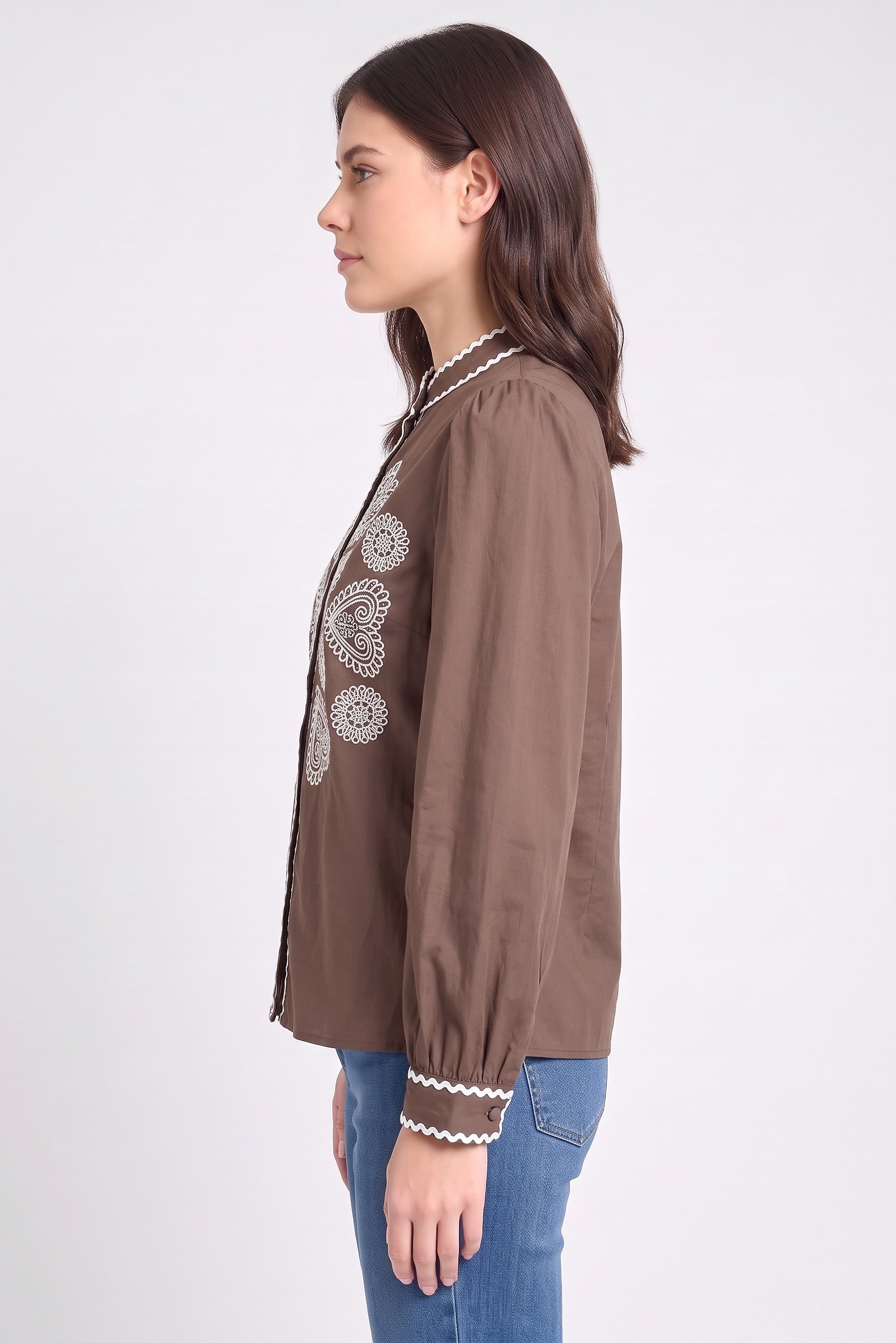 Women Mock Neck Long Sleeve Embroidered Shirt, Brown