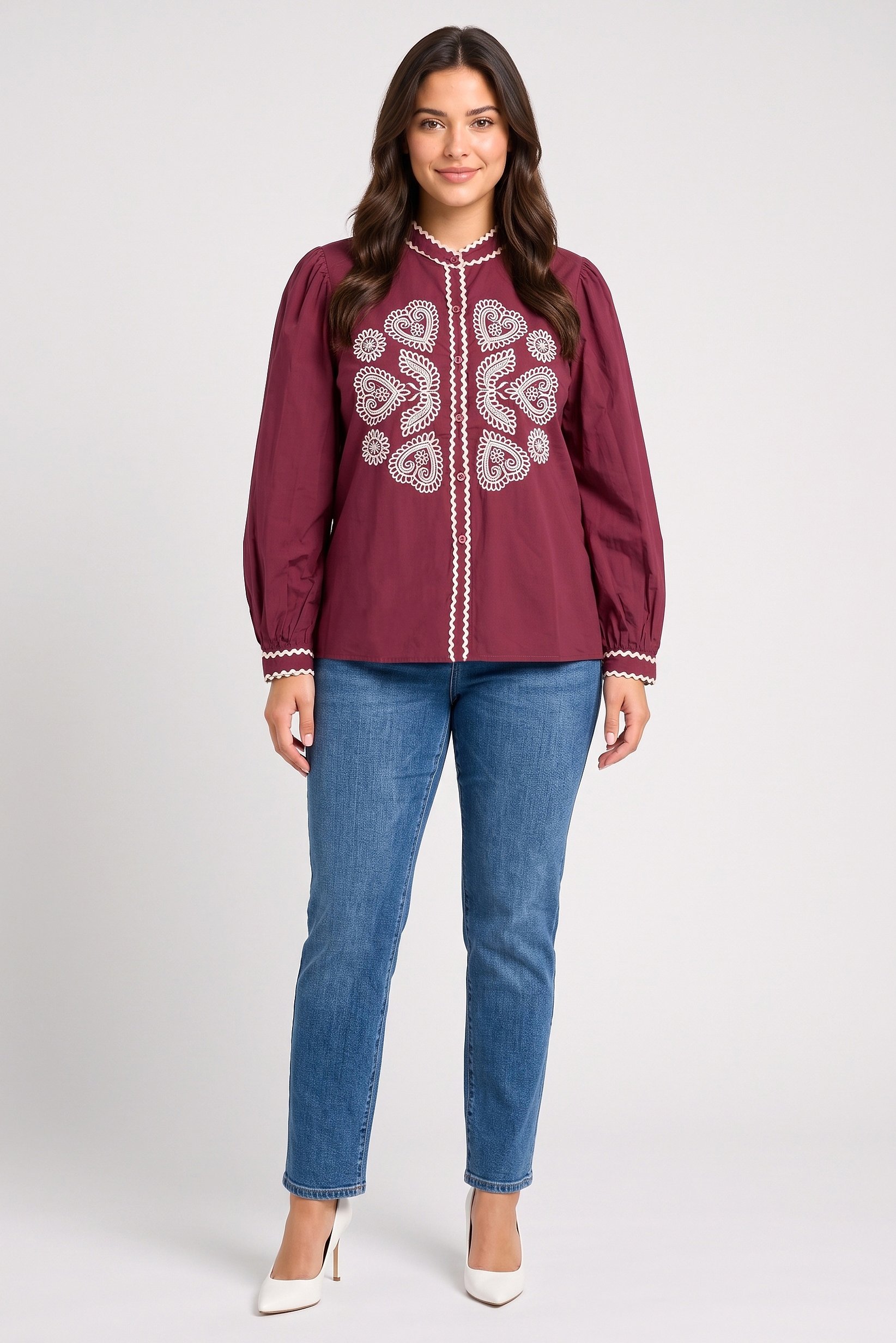 Women Band Collar Long Sleeve Embroidered Shirt, Burgundy