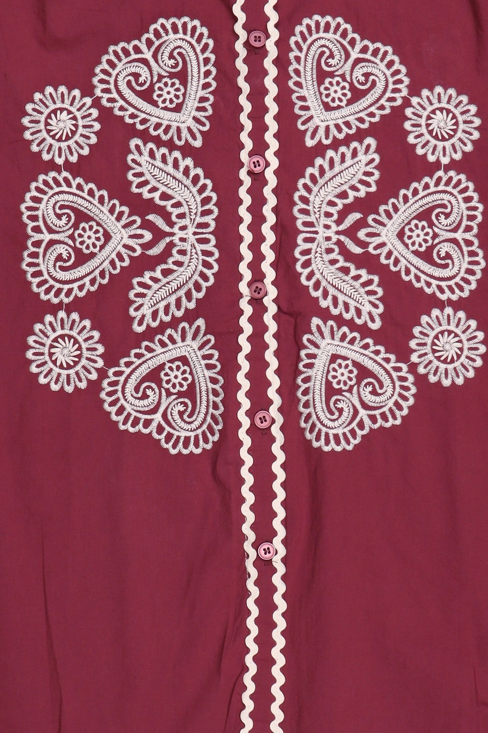 Women Band Collar Long Sleeve Embroidered Shirt, Burgundy