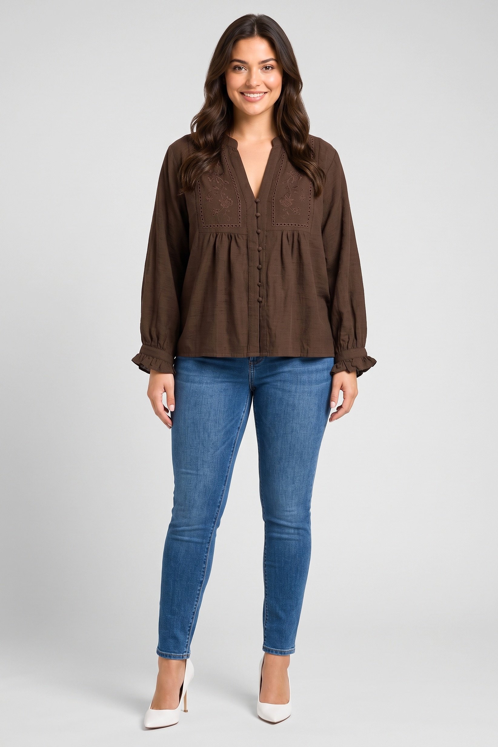 Women V-Neck Long Sleeve Embroidered Shirt,  Dark Brown