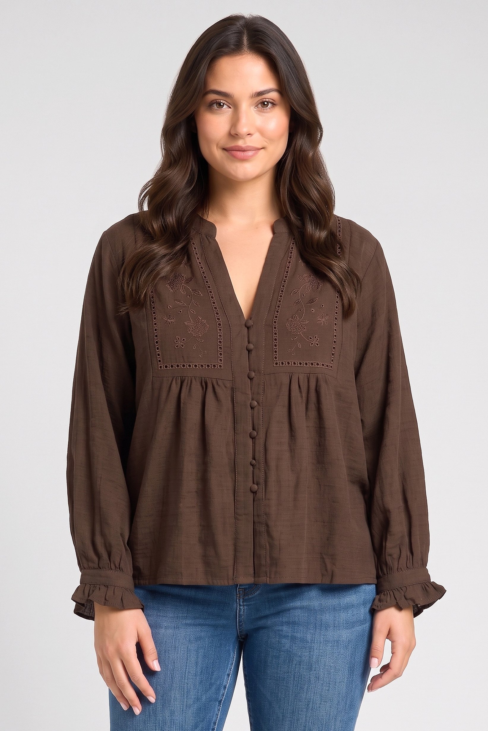 Women V-Neck Long Sleeve Embroidered Shirt,  Dark Brown