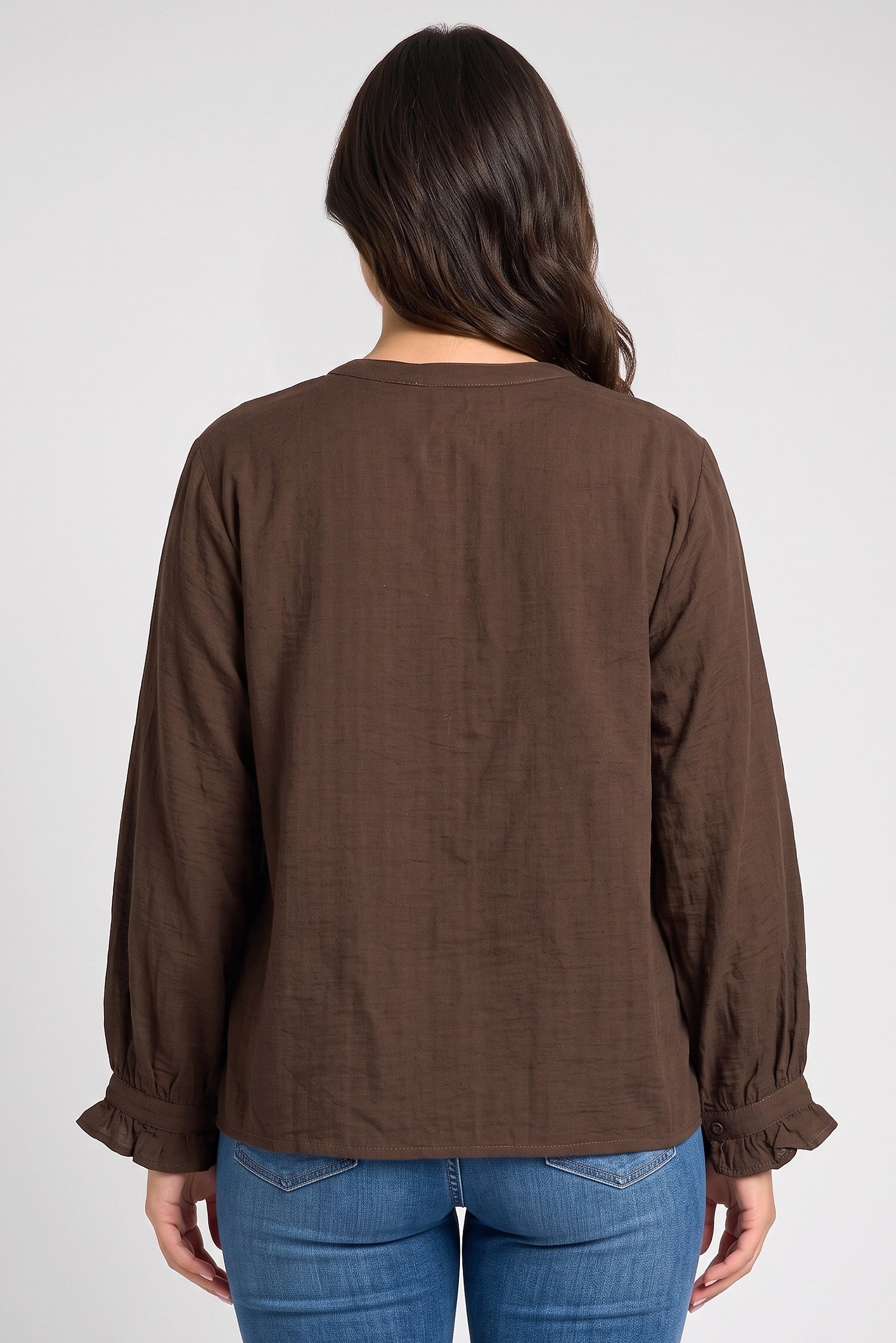 Women V-Neck Long Sleeve Embroidered Shirt,  Dark Brown