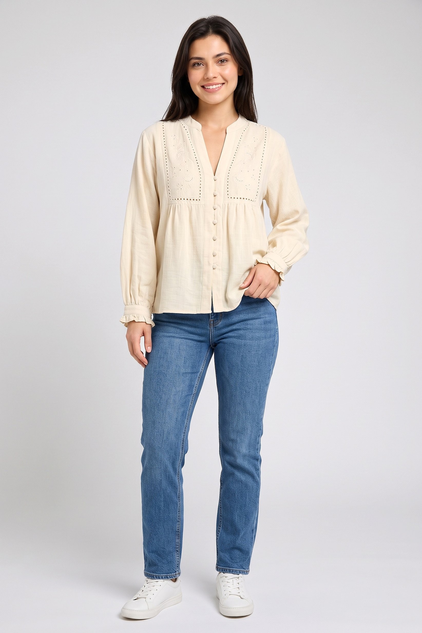 Women V-Neck Long Sleeve Embroidered Shirt, Beige