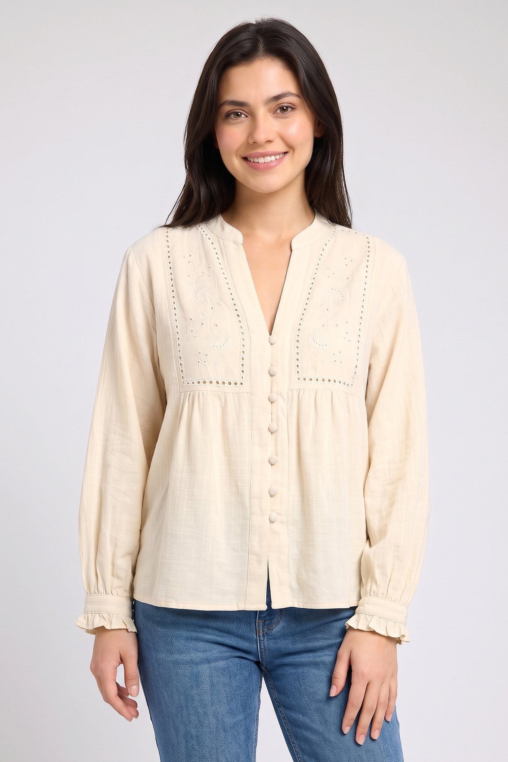 Women V-Neck Long Sleeve Embroidered Shirt, Beige