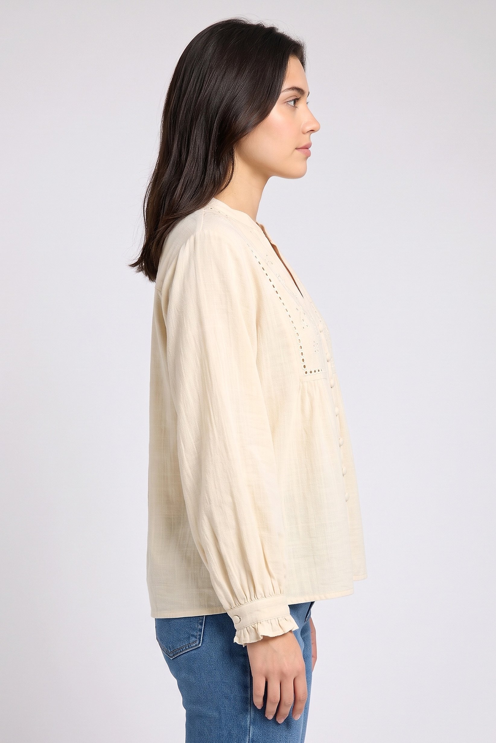 Women V-Neck Long Sleeve Embroidered Shirt, Beige