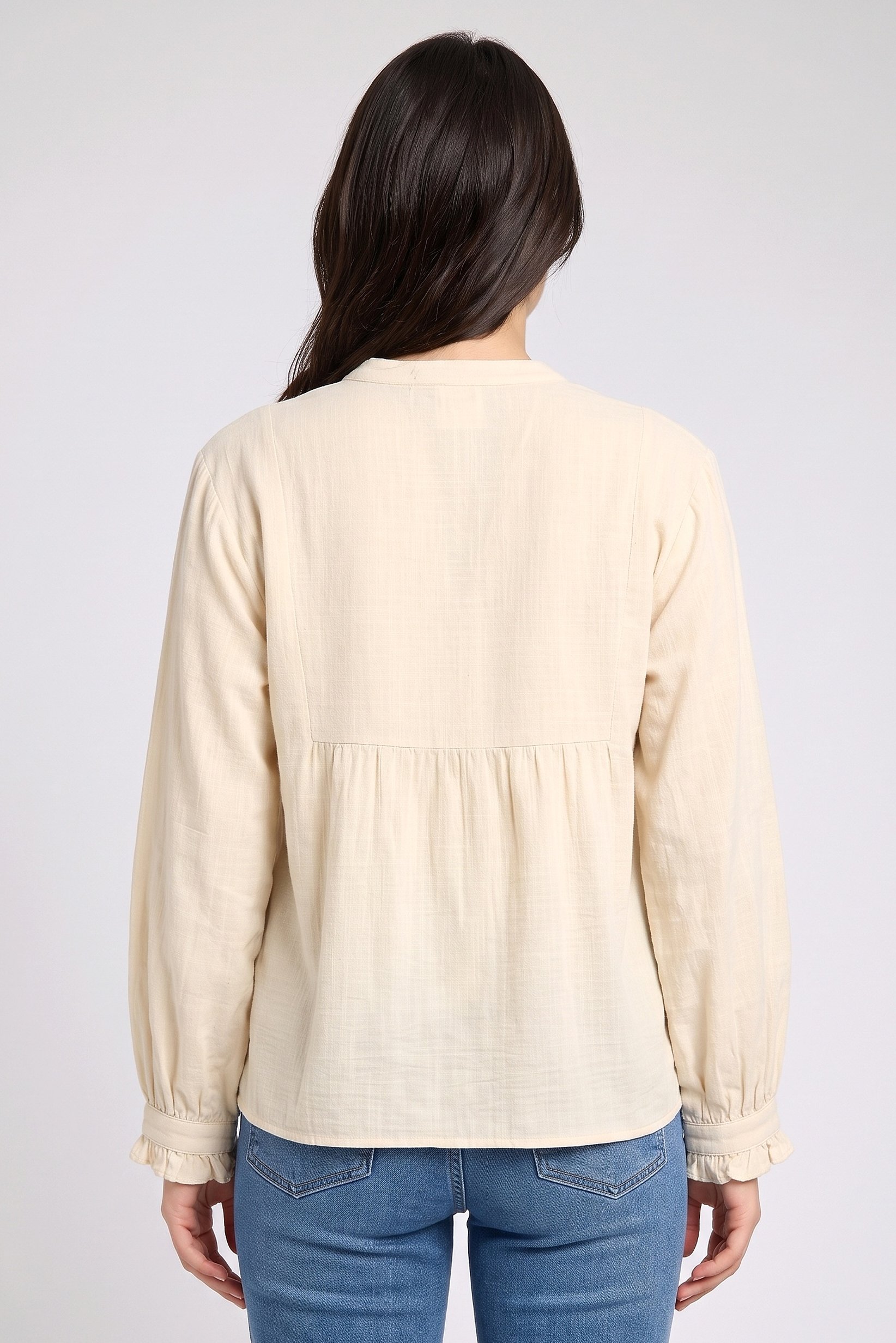 Women V-Neck Long Sleeve Embroidered Shirt, Beige