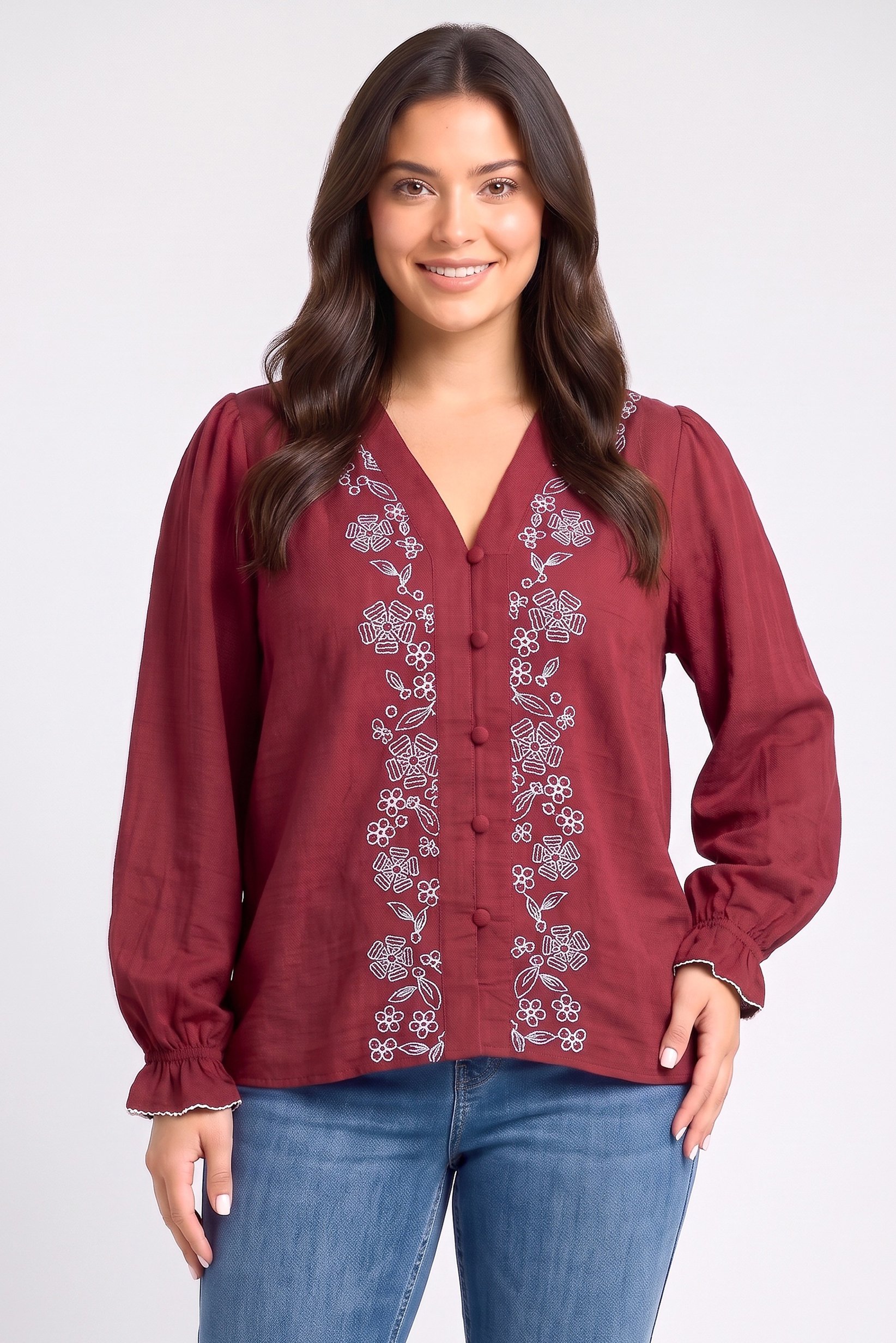 Women V-Neck Embroidered Long Sleeve Blouse, Maroon