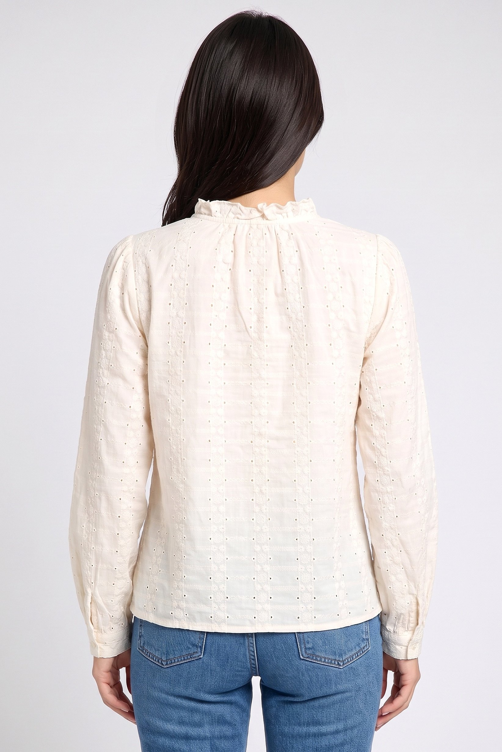 Women Ruffle Neck Long Sleeve Embroidered Blouse, Cream