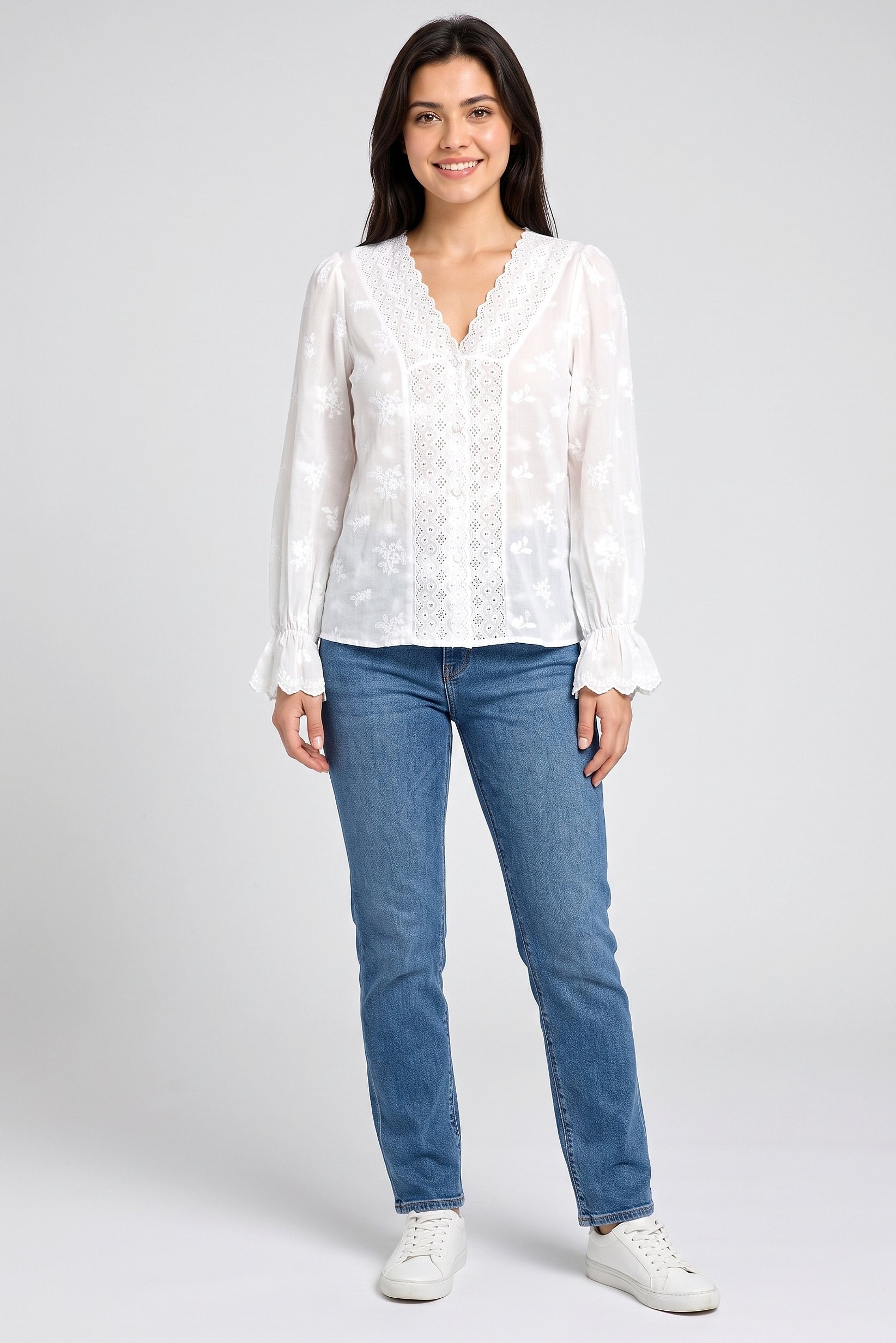 Women V-Neck Long Sleeve Embroidered Blouse, White