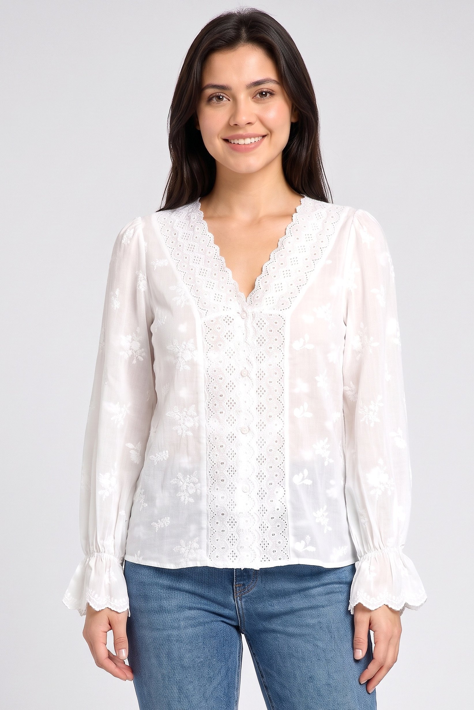 Women V-Neck Long Sleeve Embroidered Blouse, White