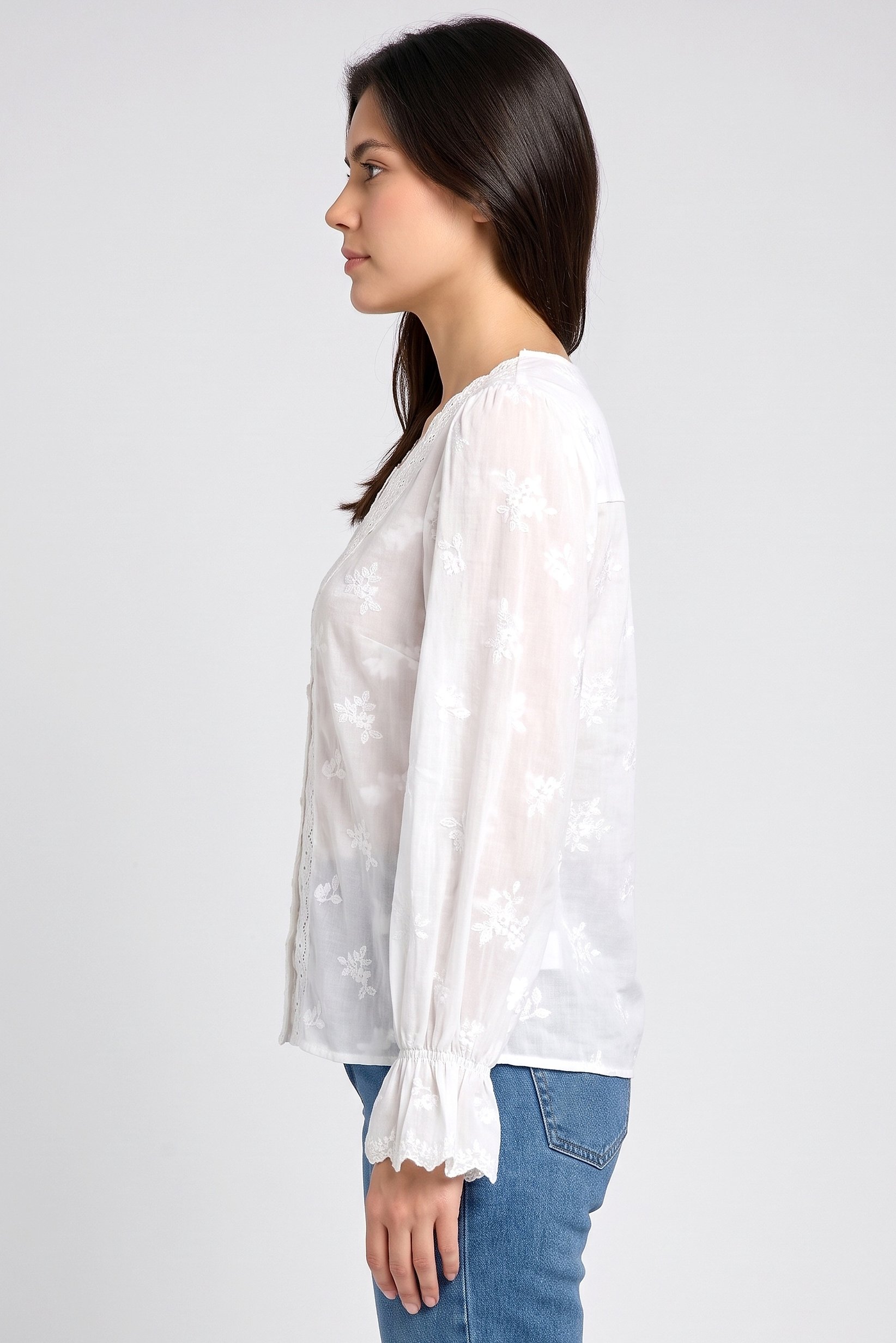 Women V-Neck Long Sleeve Embroidered Blouse, White