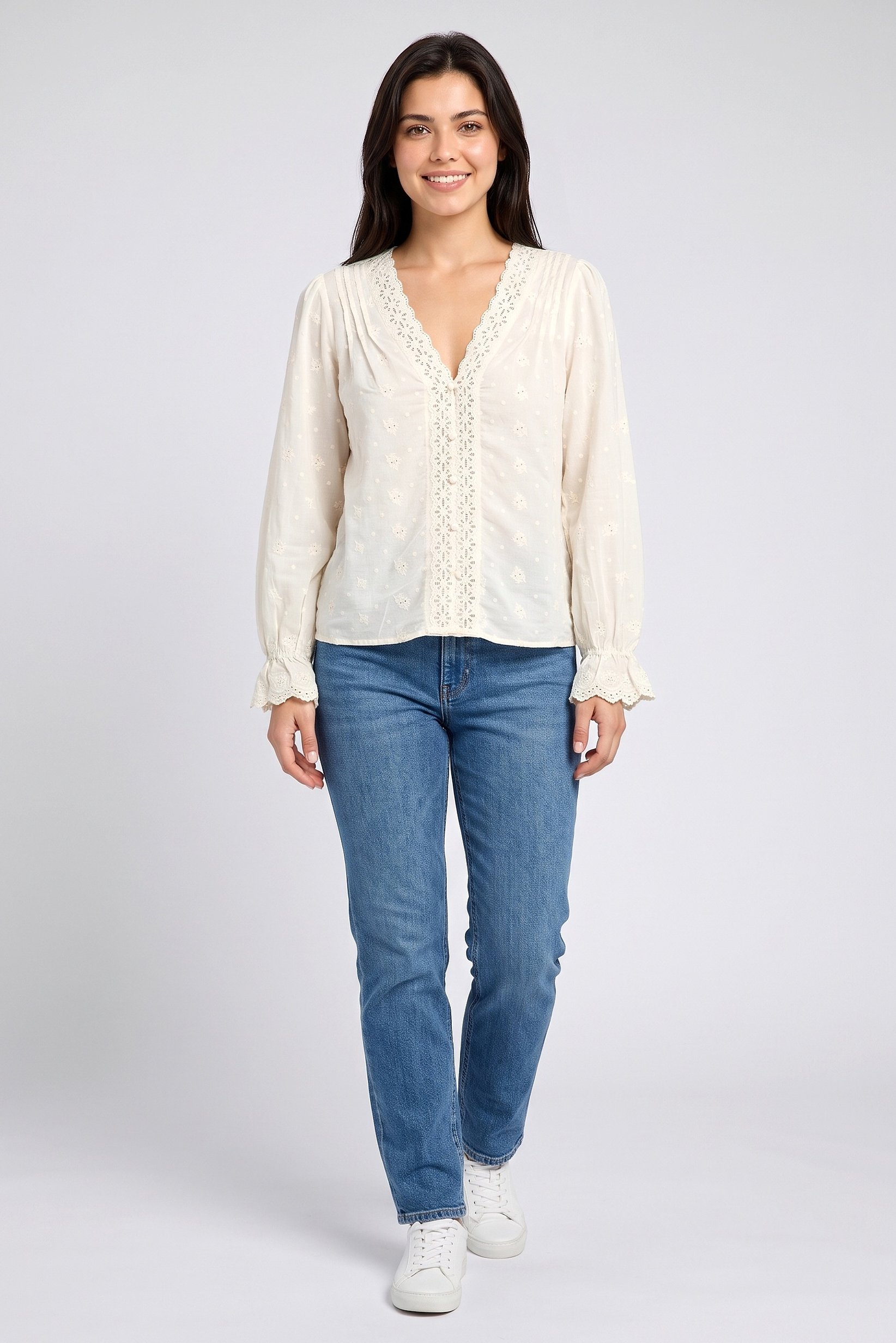 Women V-Neck Long Sleeve Textured Blouse, Cream
