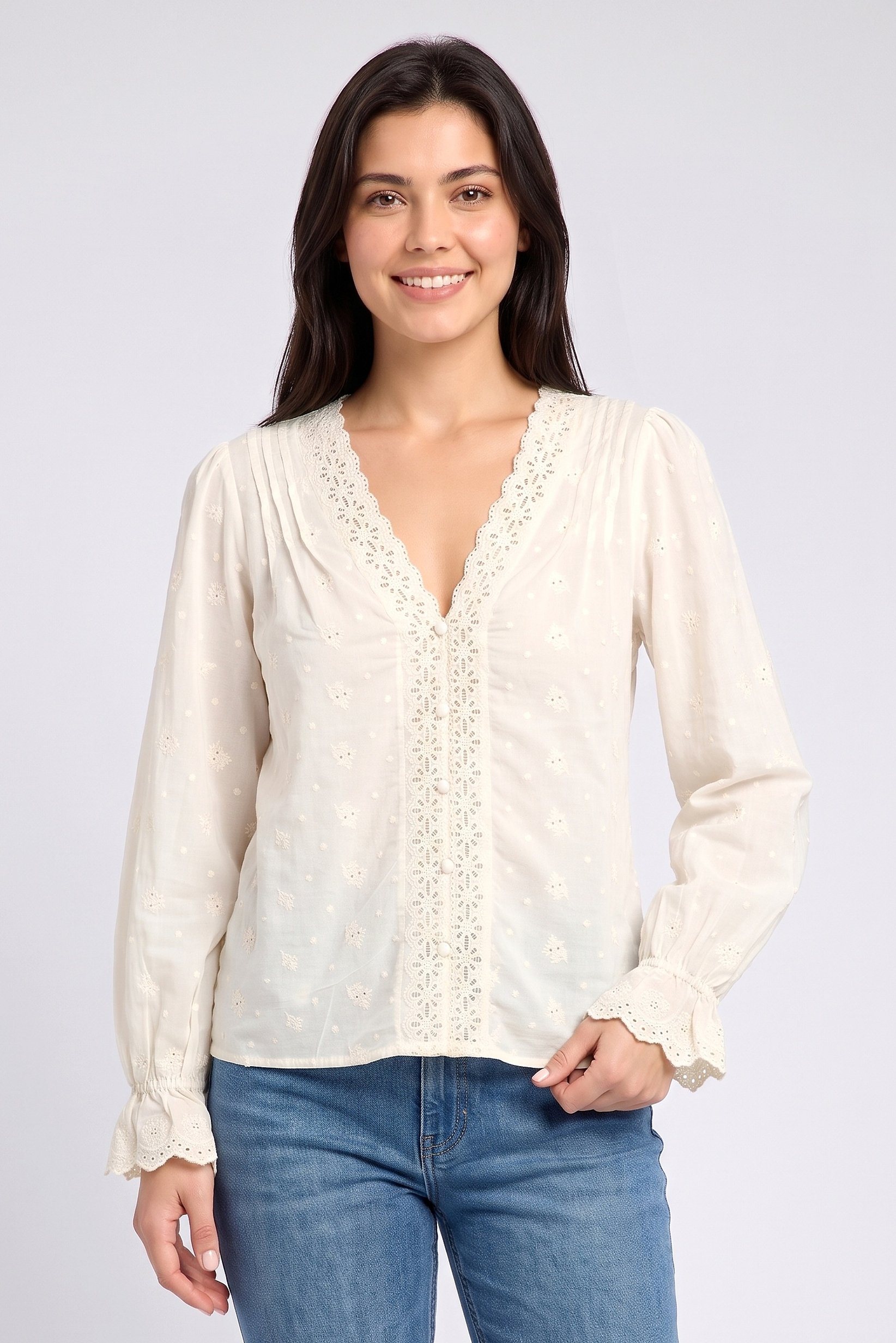 Women V-Neck Long Sleeve Textured Blouse, Cream