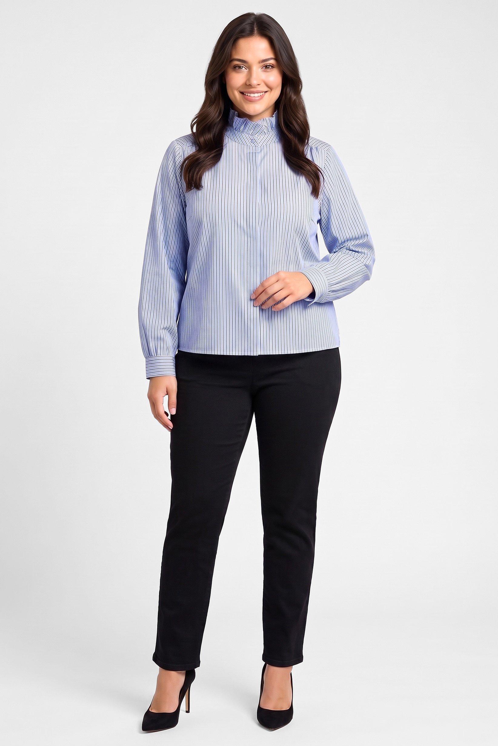 Women High Neck Long Sleeve Stripe Shirt, Light Blue
