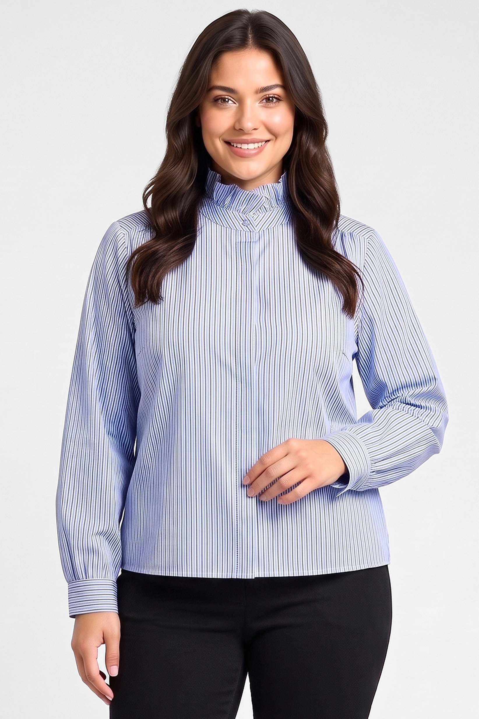 Women High Neck Long Sleeve Stripe Shirt, Light Blue