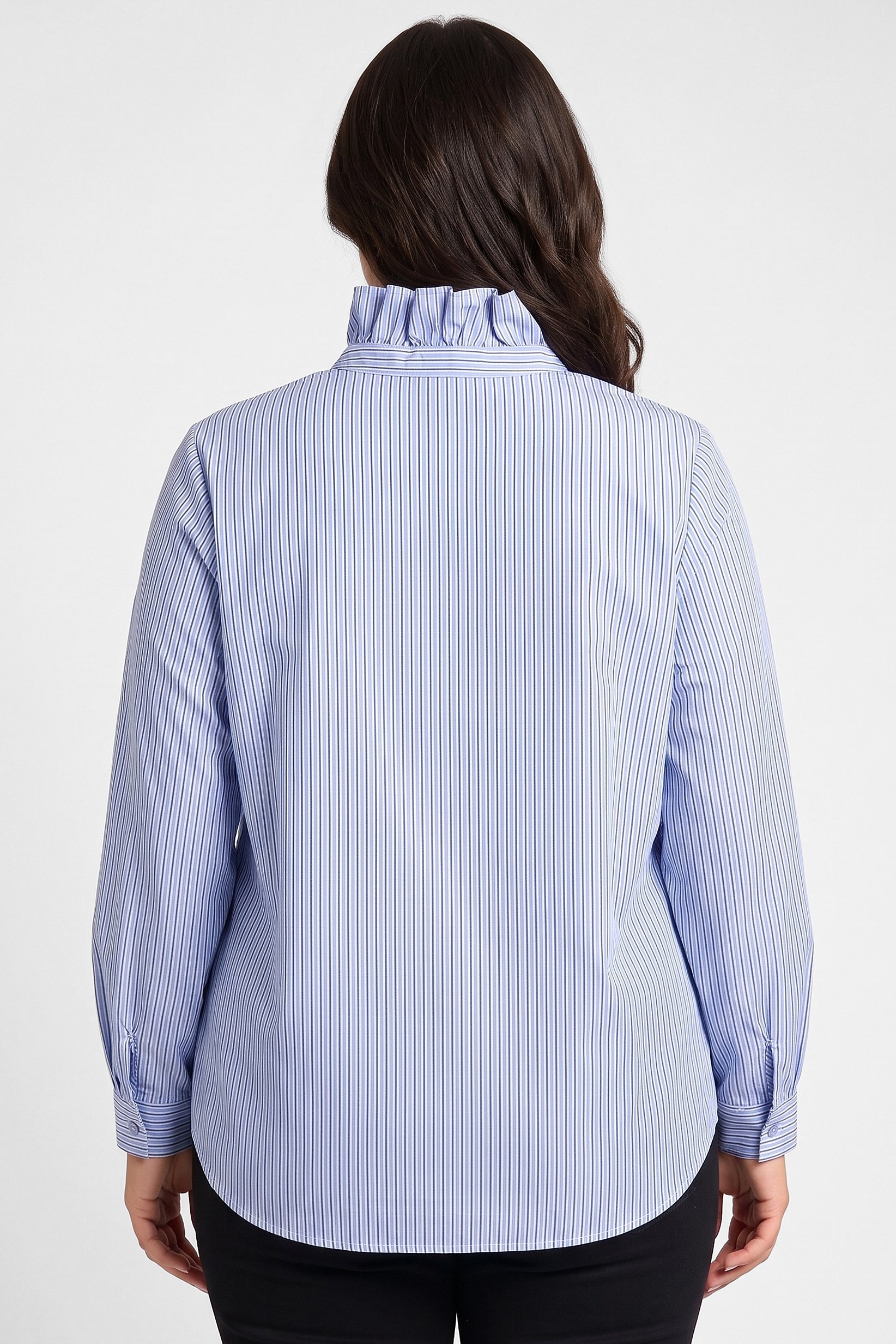 Women High Neck Long Sleeve Stripe Shirt, Light Blue