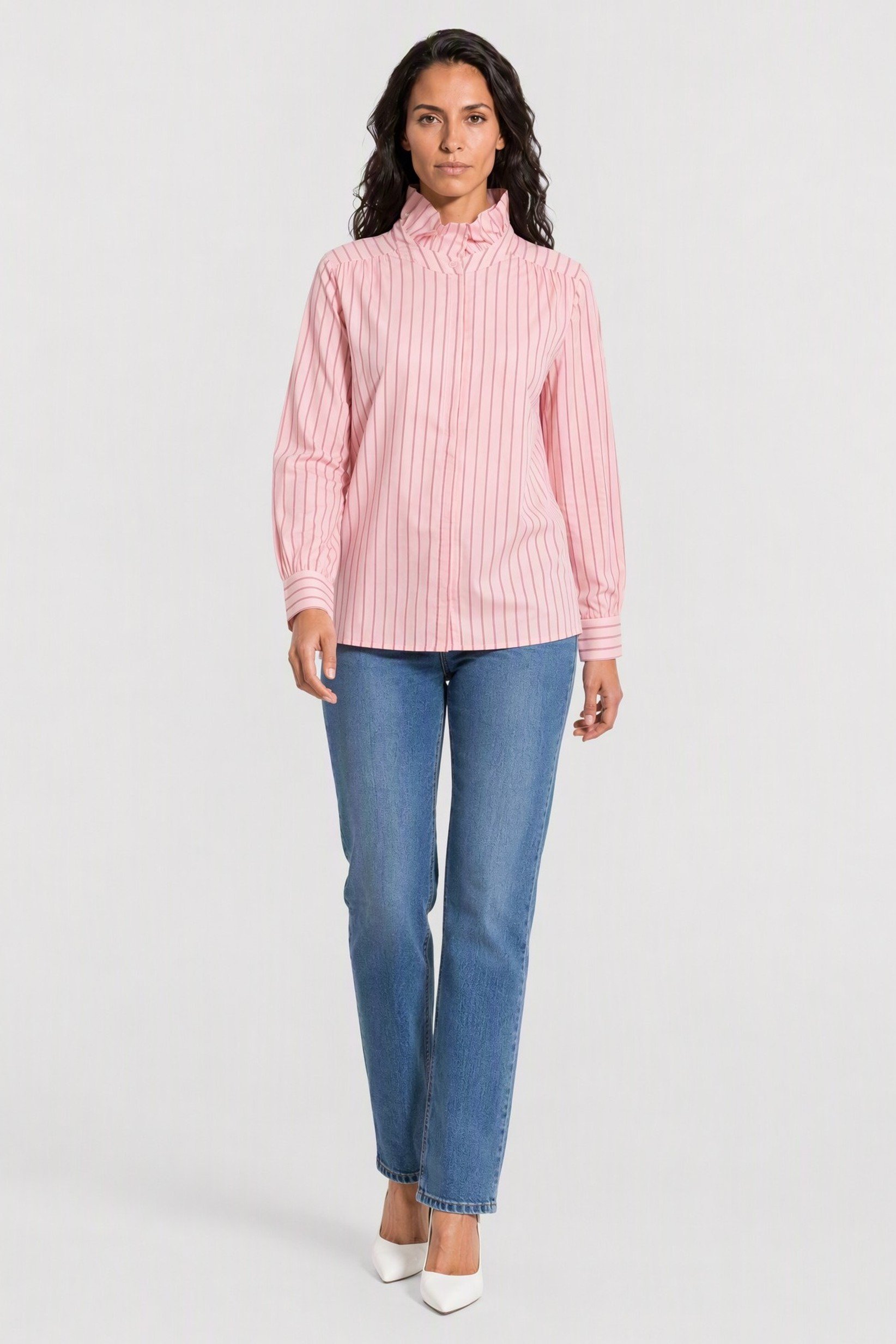 Women High Neck Long Sleeve Stripe Shirt, Pink