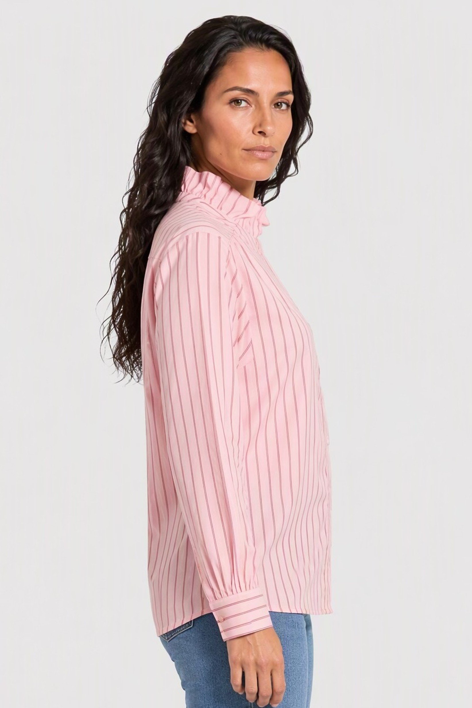 Women High Neck Long Sleeve Stripe Shirt, Pink