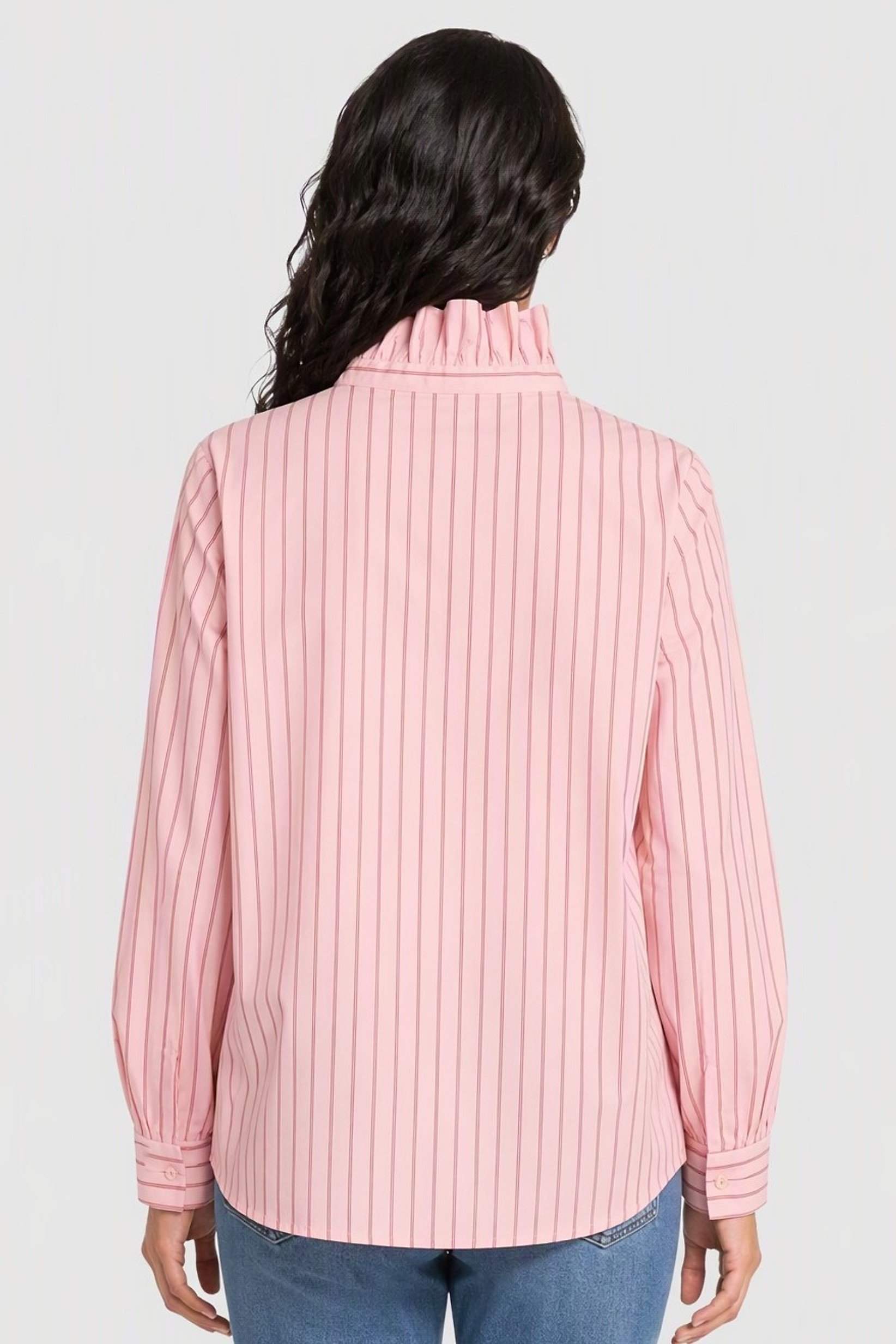 Women High Neck Long Sleeve Stripe Shirt, Pink