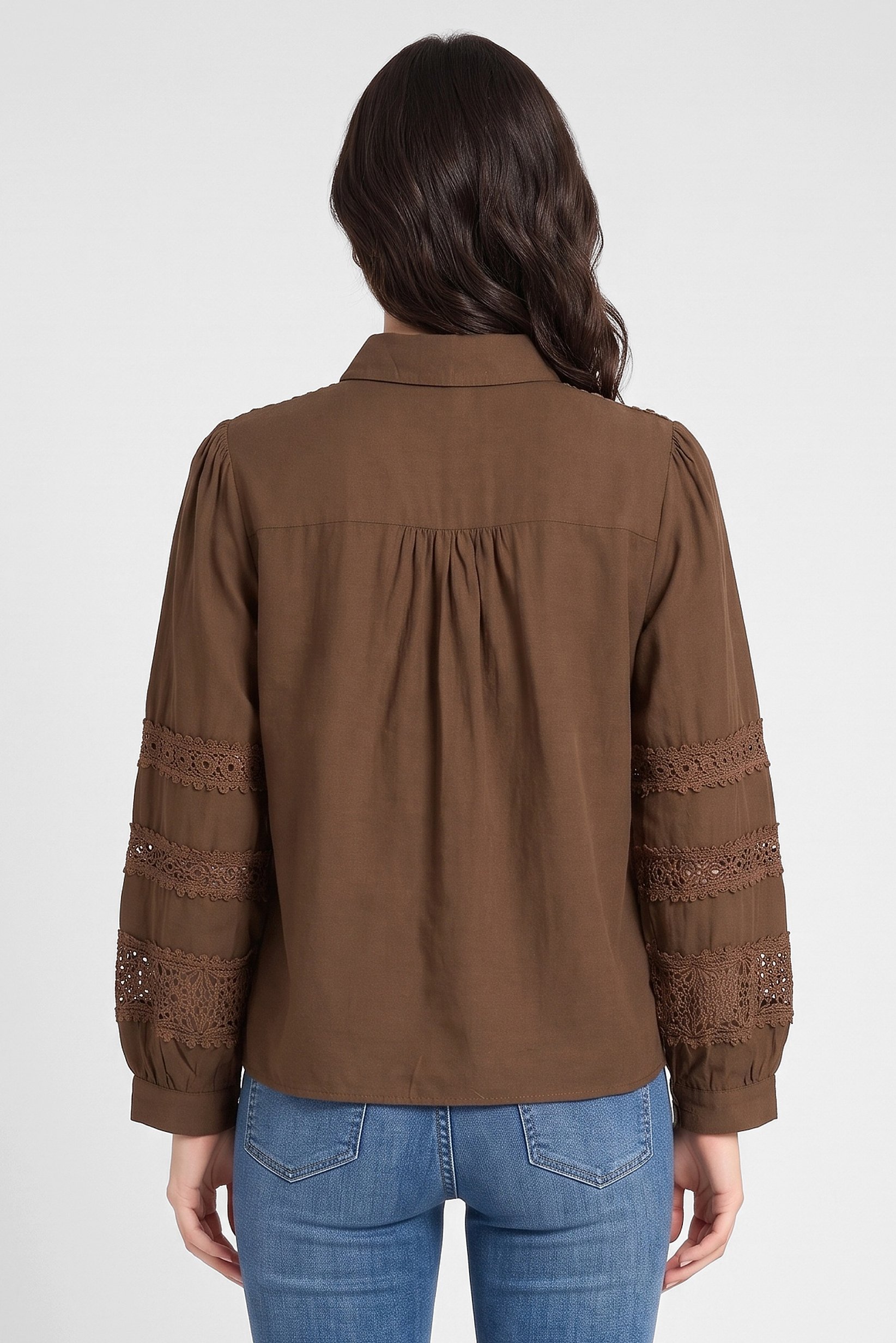 Women Pointed Collar Long Sleeve Embroidered Shirt, Dark Brown