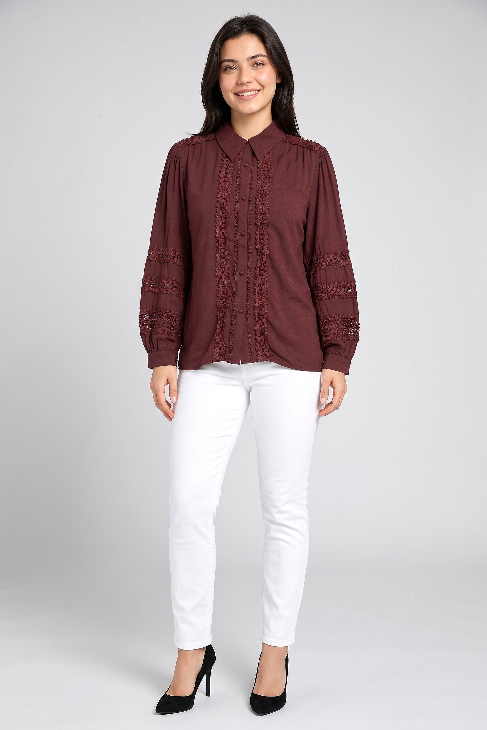 Women Pointed Collar Long Sleeve Embroidered Shirt, Dark Brown