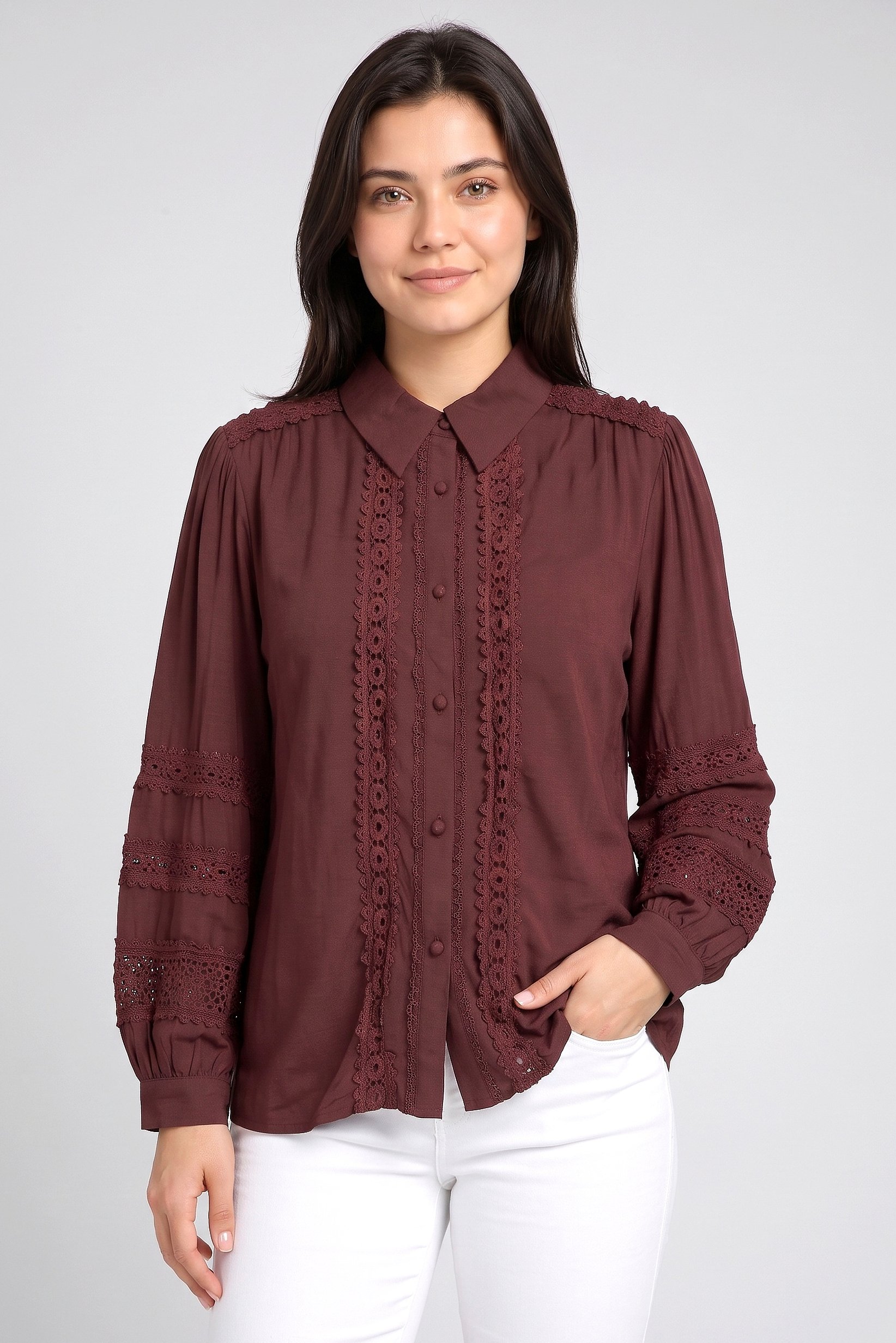 Women Pointed Collar Long Sleeve Embroidered Shirt, Dark Brown