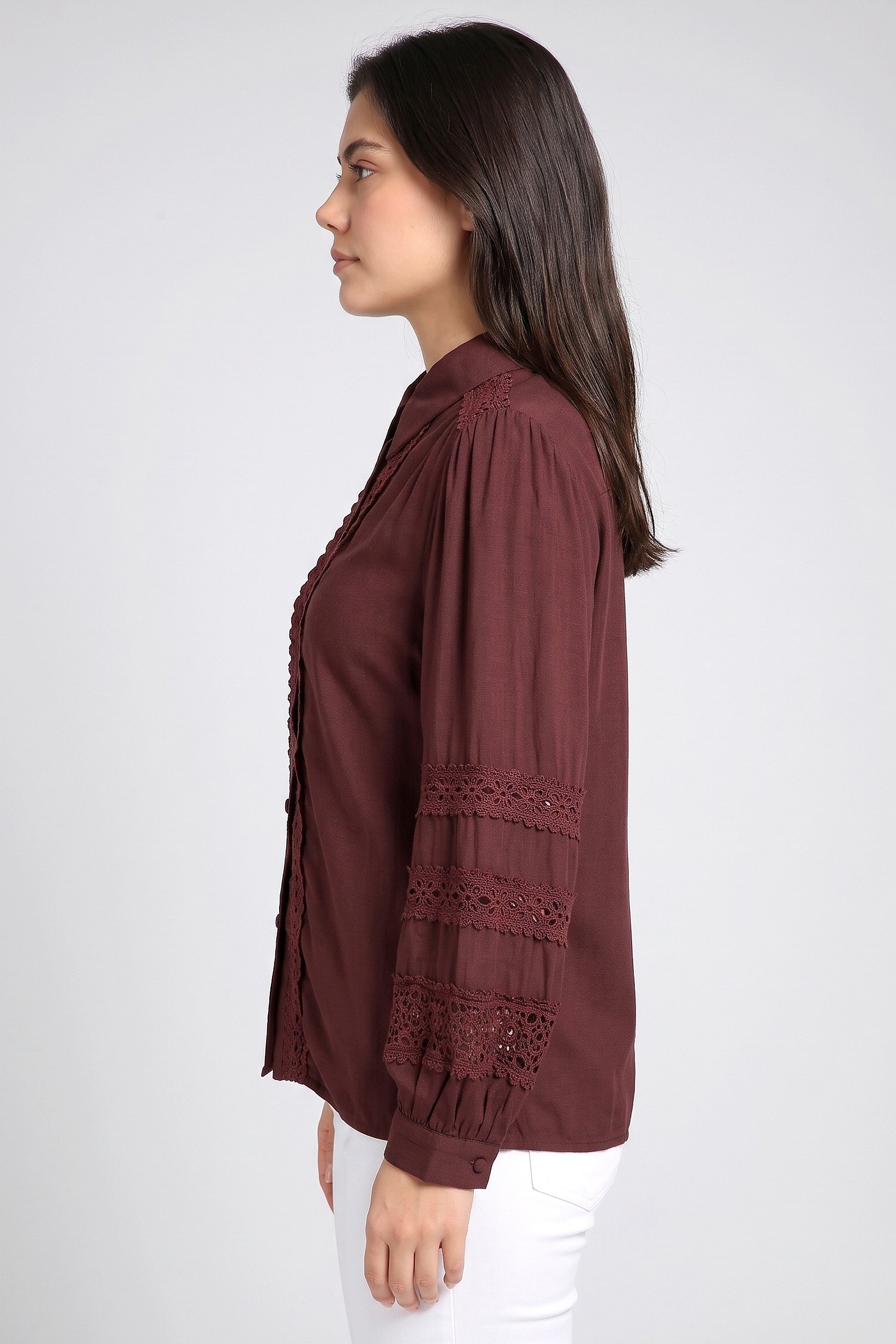 Women Pointed Collar Long Sleeve Embroidered Shirt, Dark Brown