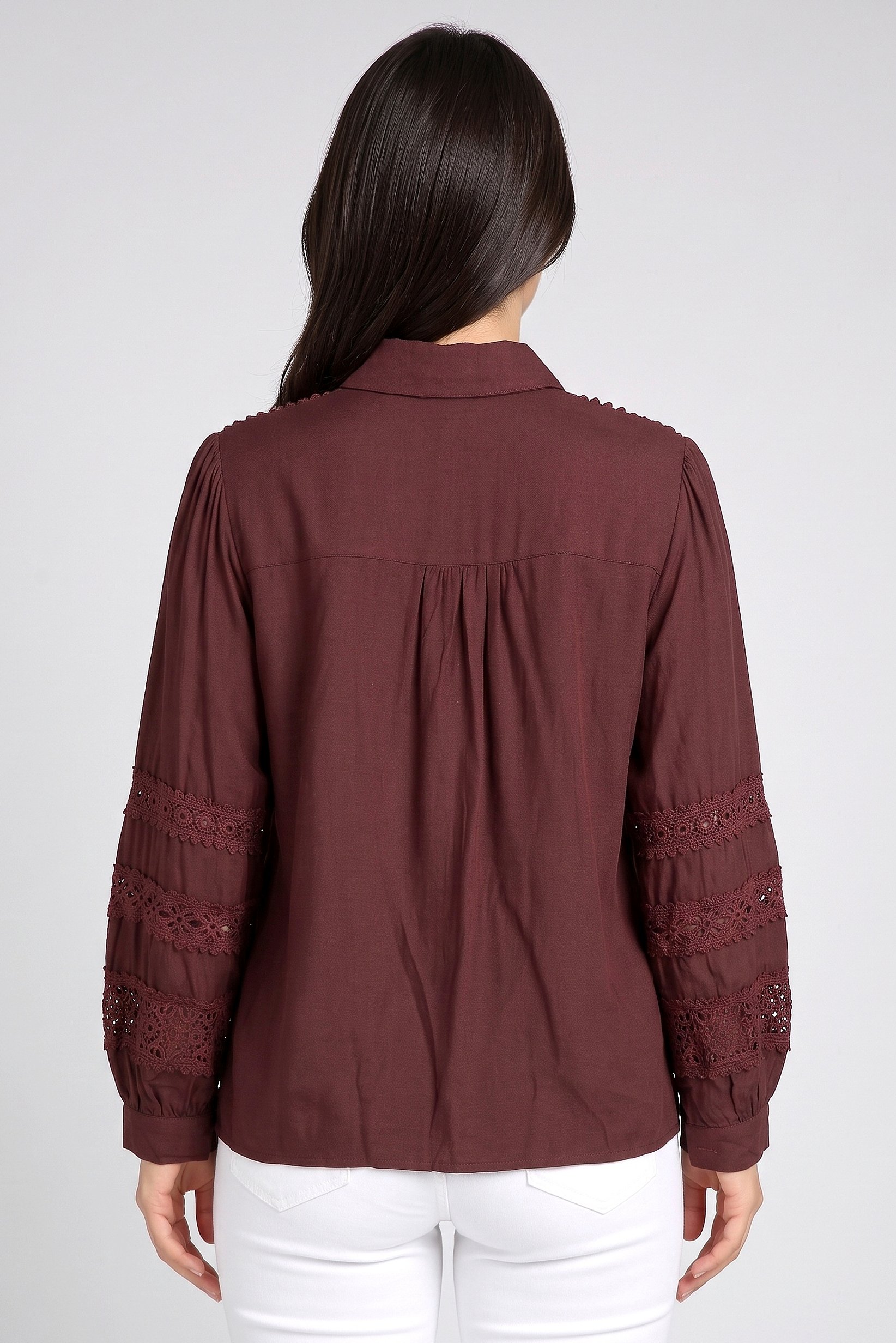 Women Pointed Collar Long Sleeve Embroidered Shirt, Dark Brown